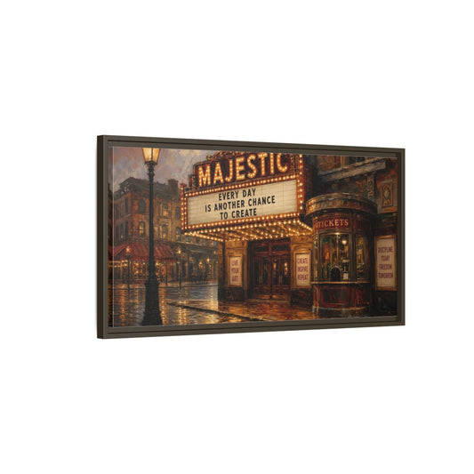 Main Mockup. Majestic Theater At Dusk shown as framed canvas print