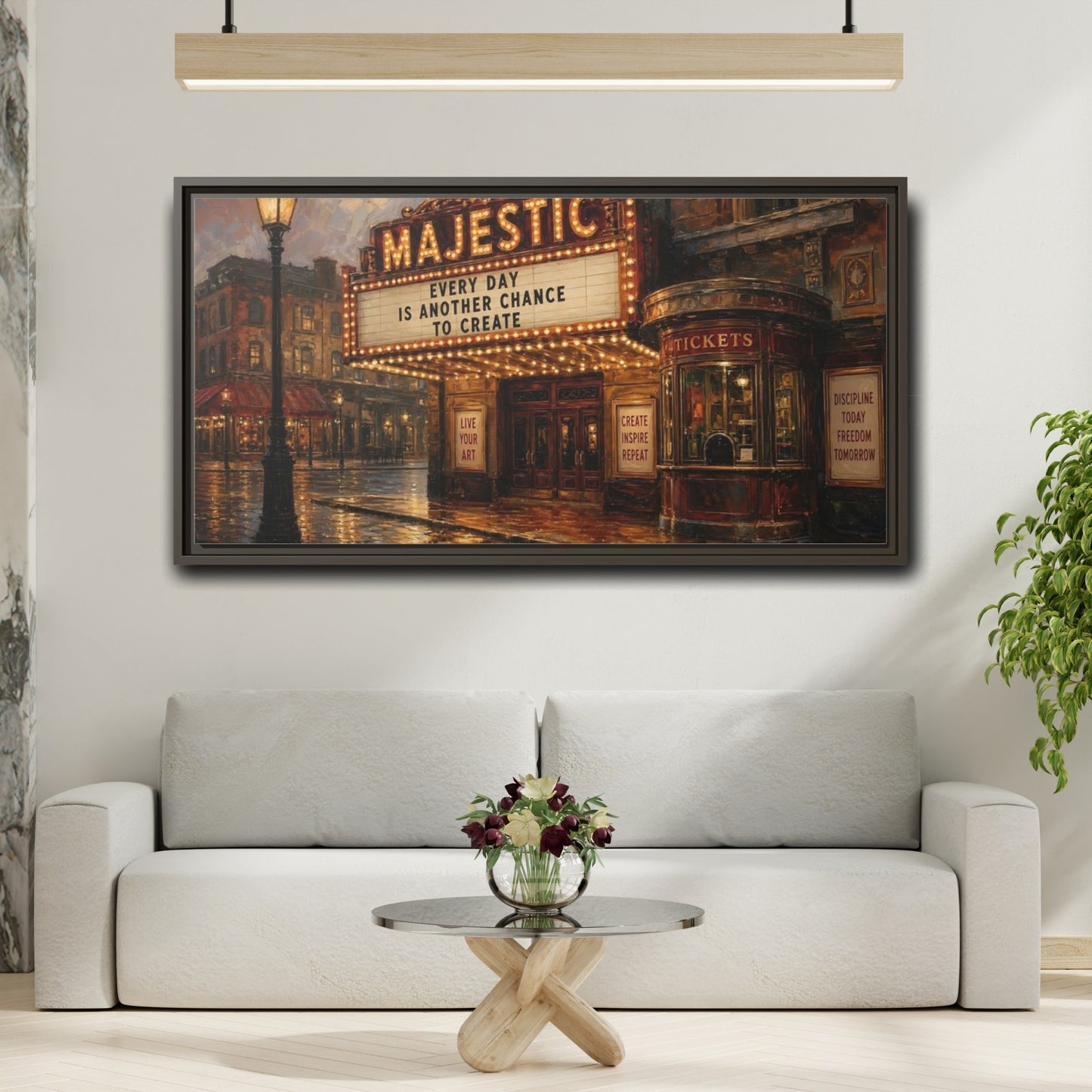 Mockup 2. Majestic Theater At Dusk shown as framed canvas print