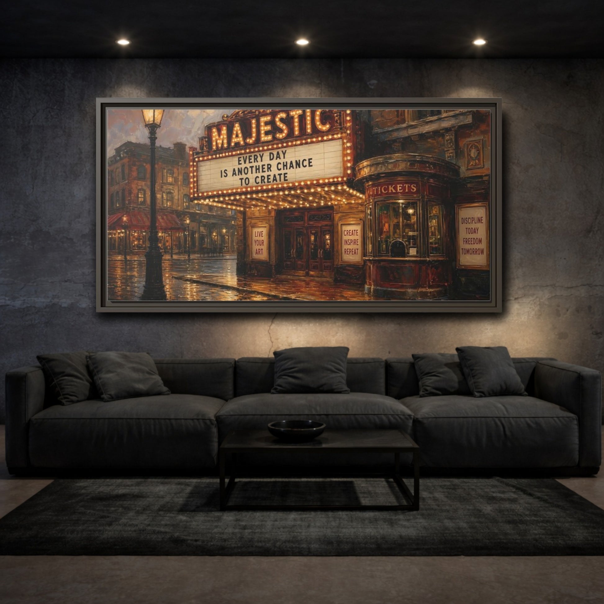 Mockup 3. Majestic Theater At Dusk shown as framed canvas print