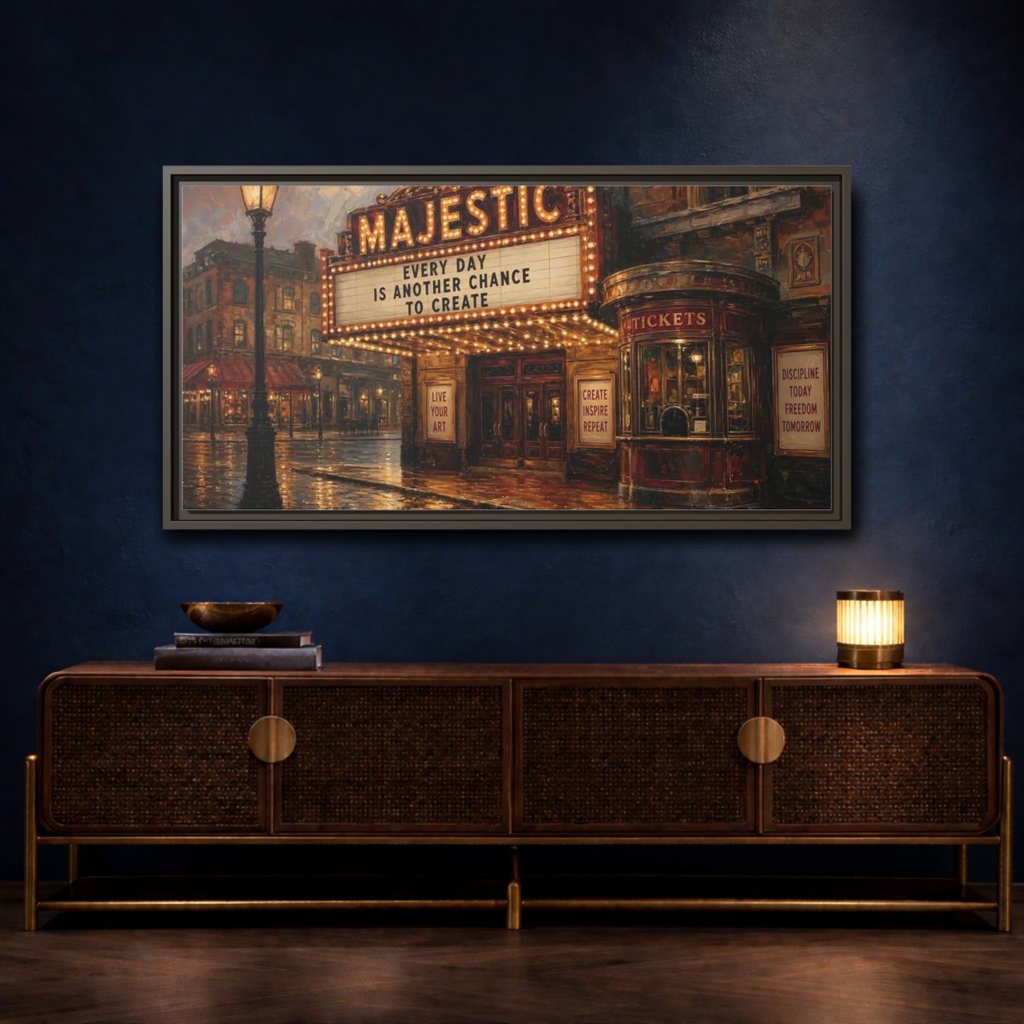 Mockup 4. Majestic Theater At Dusk shown as framed canvas print