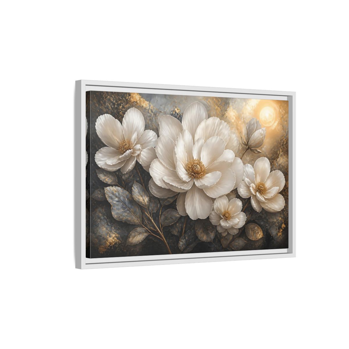 Side Mockup 1. Majestic White Blooms shown as framed canvas print