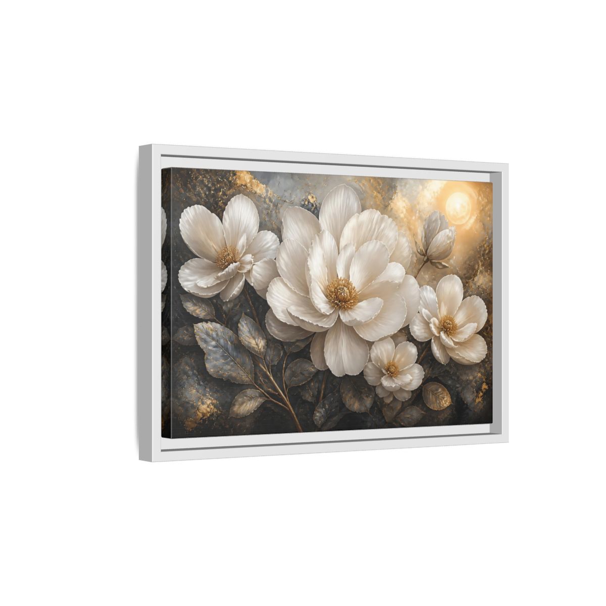 Side Mockup 4. Majestic White Blooms shown as framed canvas print