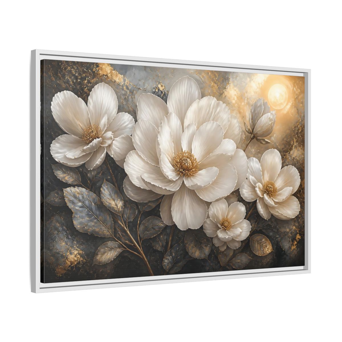 Side Mockup 9. Majestic White Blooms shown as framed canvas print