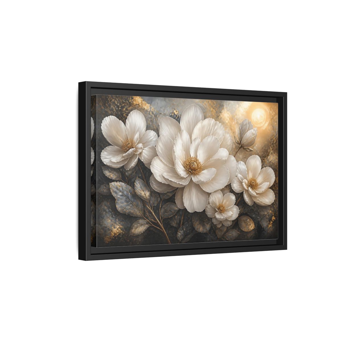 Side Mockup 6. Majestic White Blooms shown as framed canvas print