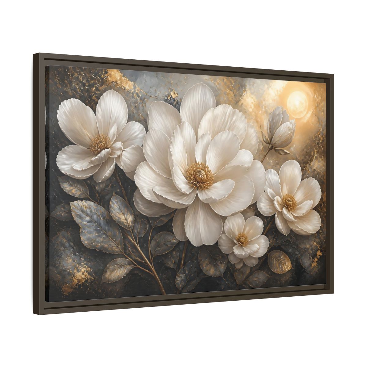 Side Mockup 11. Majestic White Blooms shown as framed canvas print