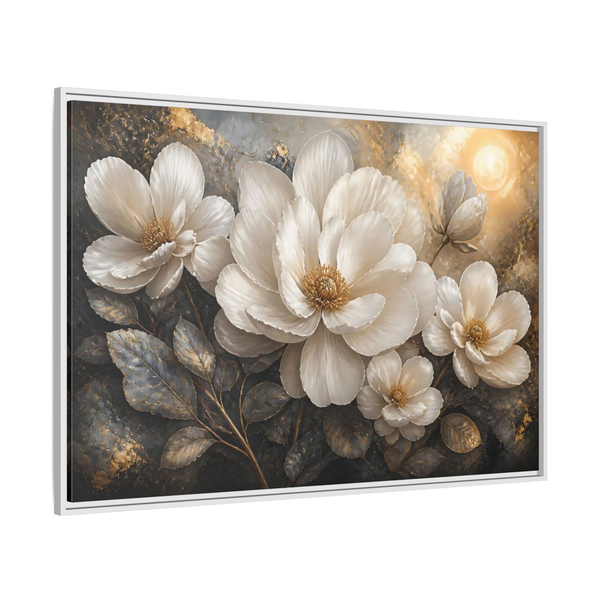 Side Mockup 7. Majestic White Blooms shown as framed canvas print