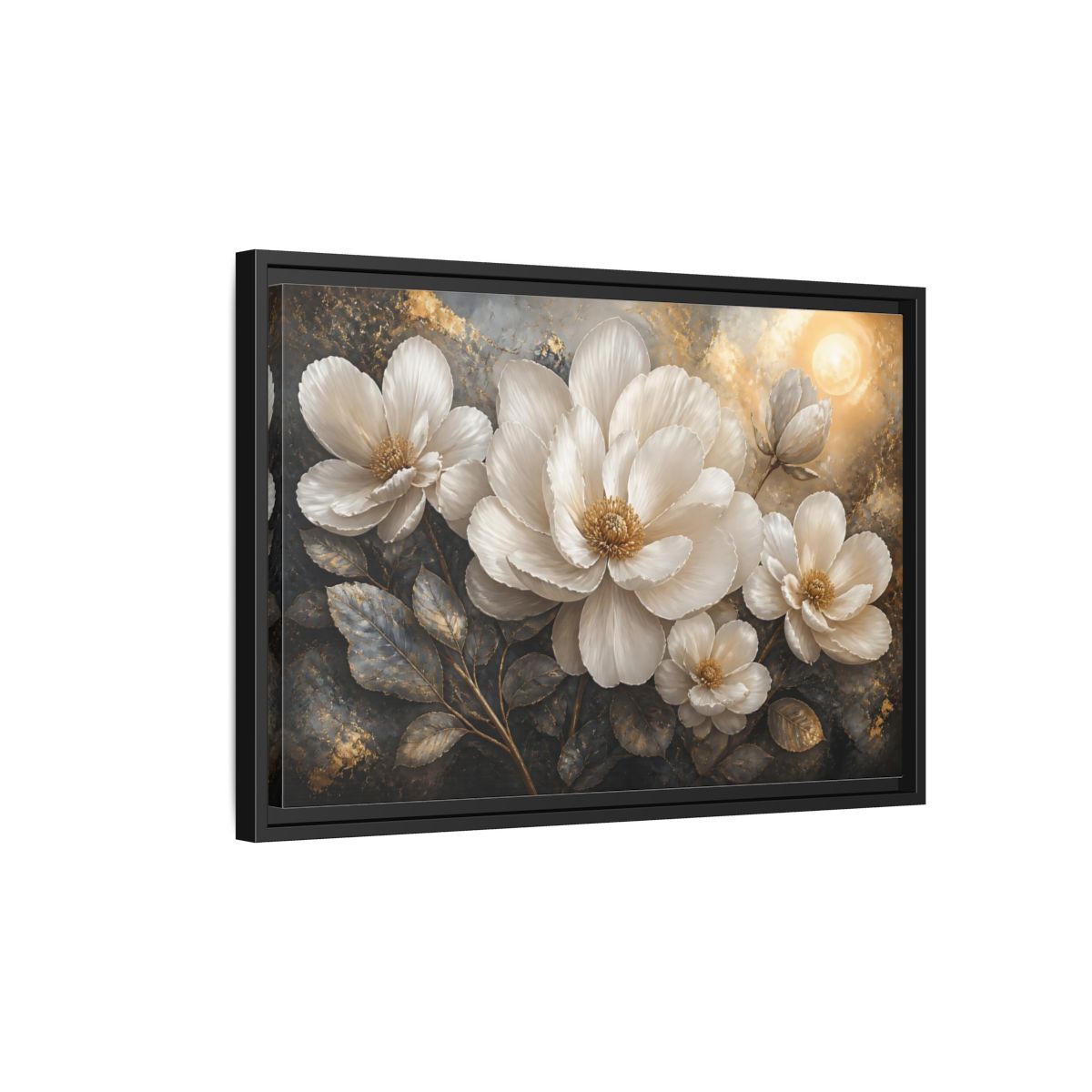 Side Mockup 3. Majestic White Blooms shown as framed canvas print