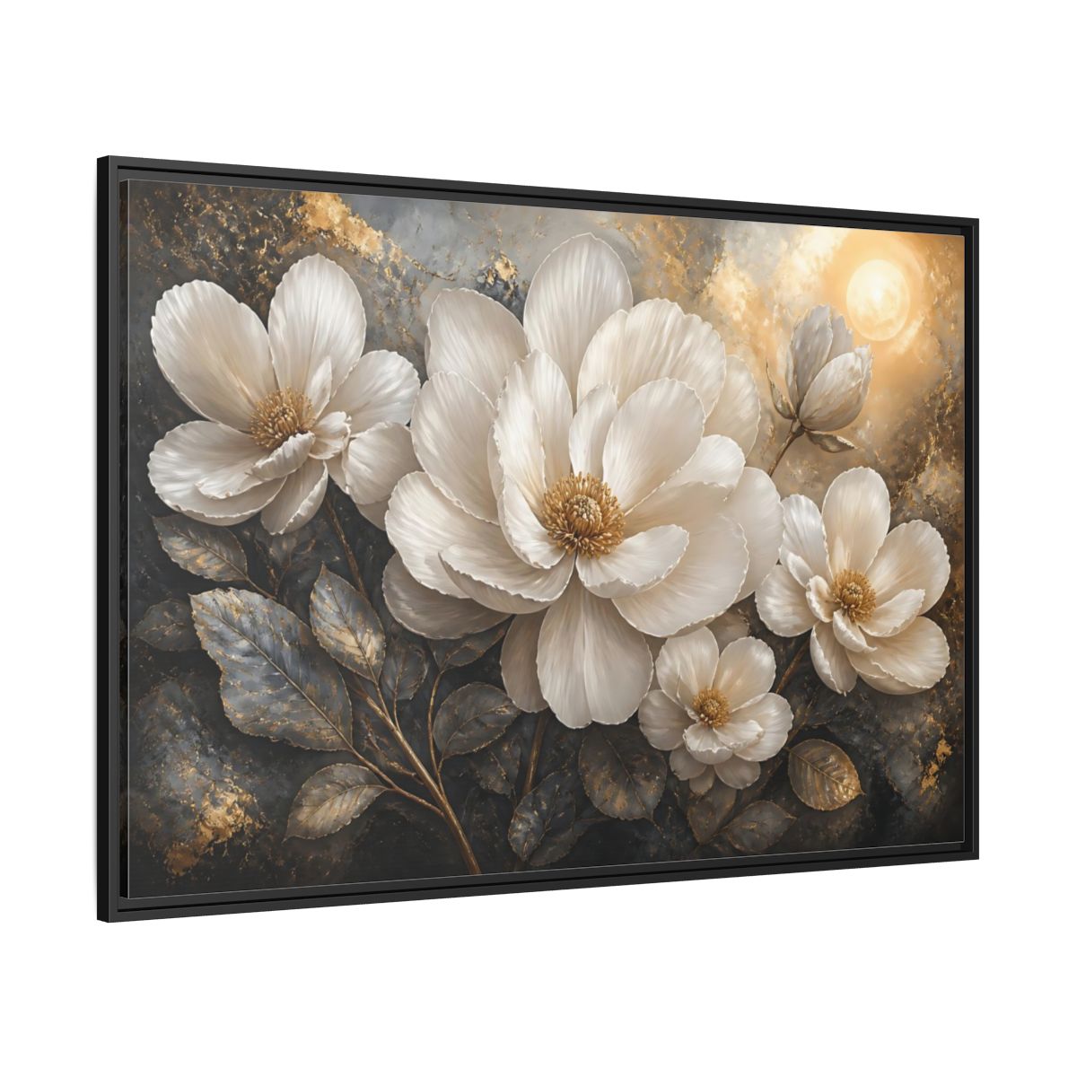 Side Mockup 12. Majestic White Blooms shown as framed canvas print