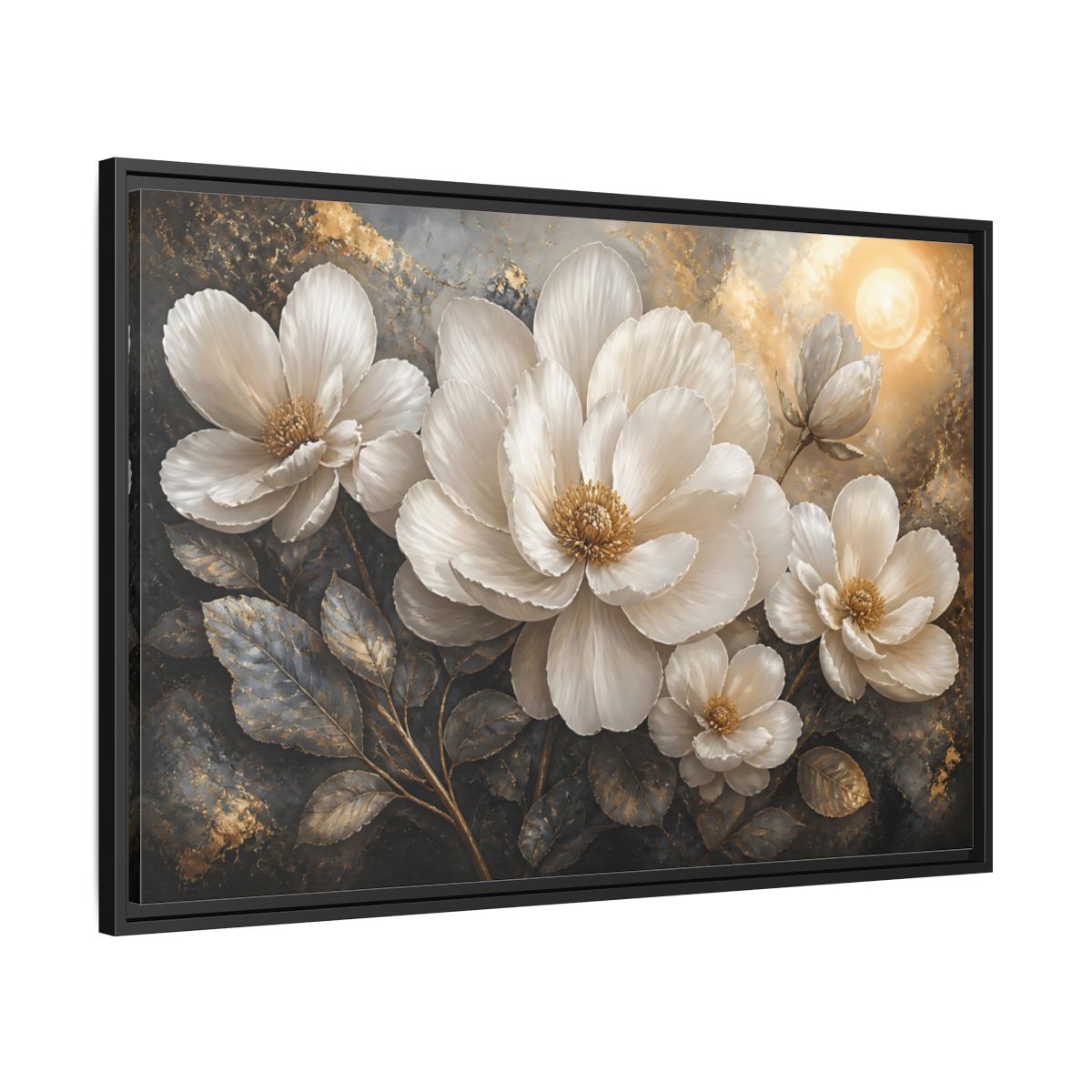 Side Mockup 13. Majestic White Blooms shown as framed canvas print