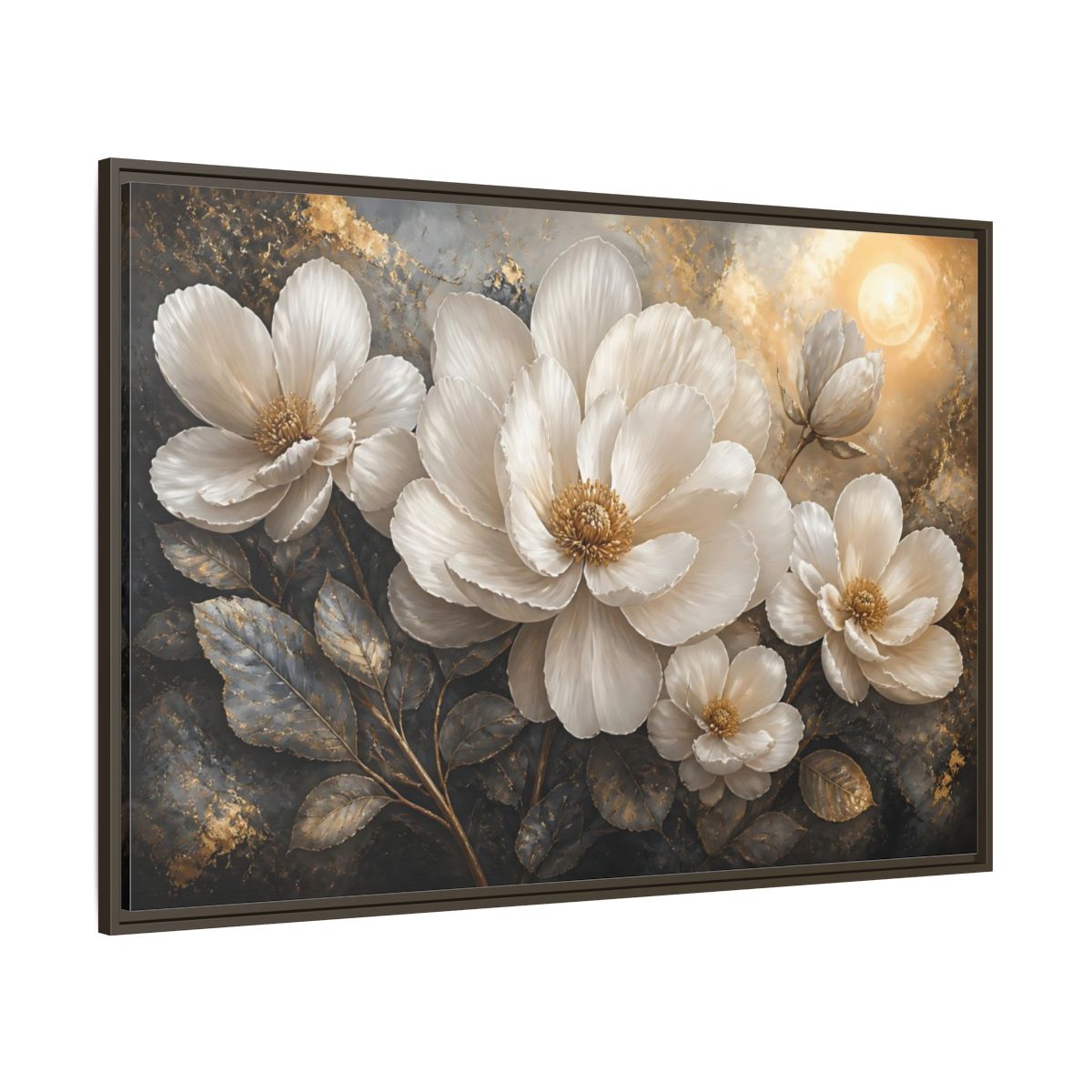 Side Mockup 8. Majestic White Blooms shown as framed canvas print