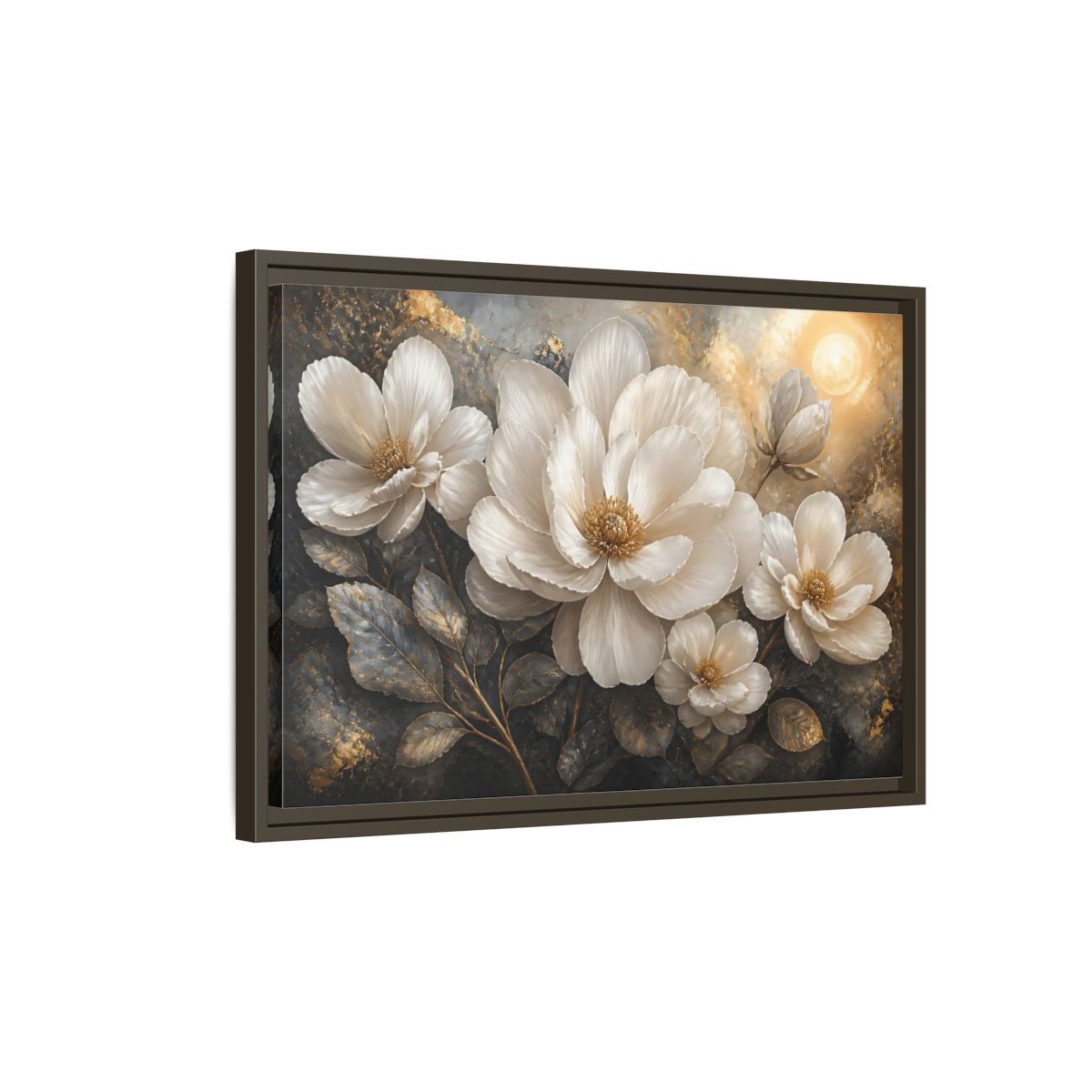 Side Mockup 2. Majestic White Blooms shown as framed canvas print