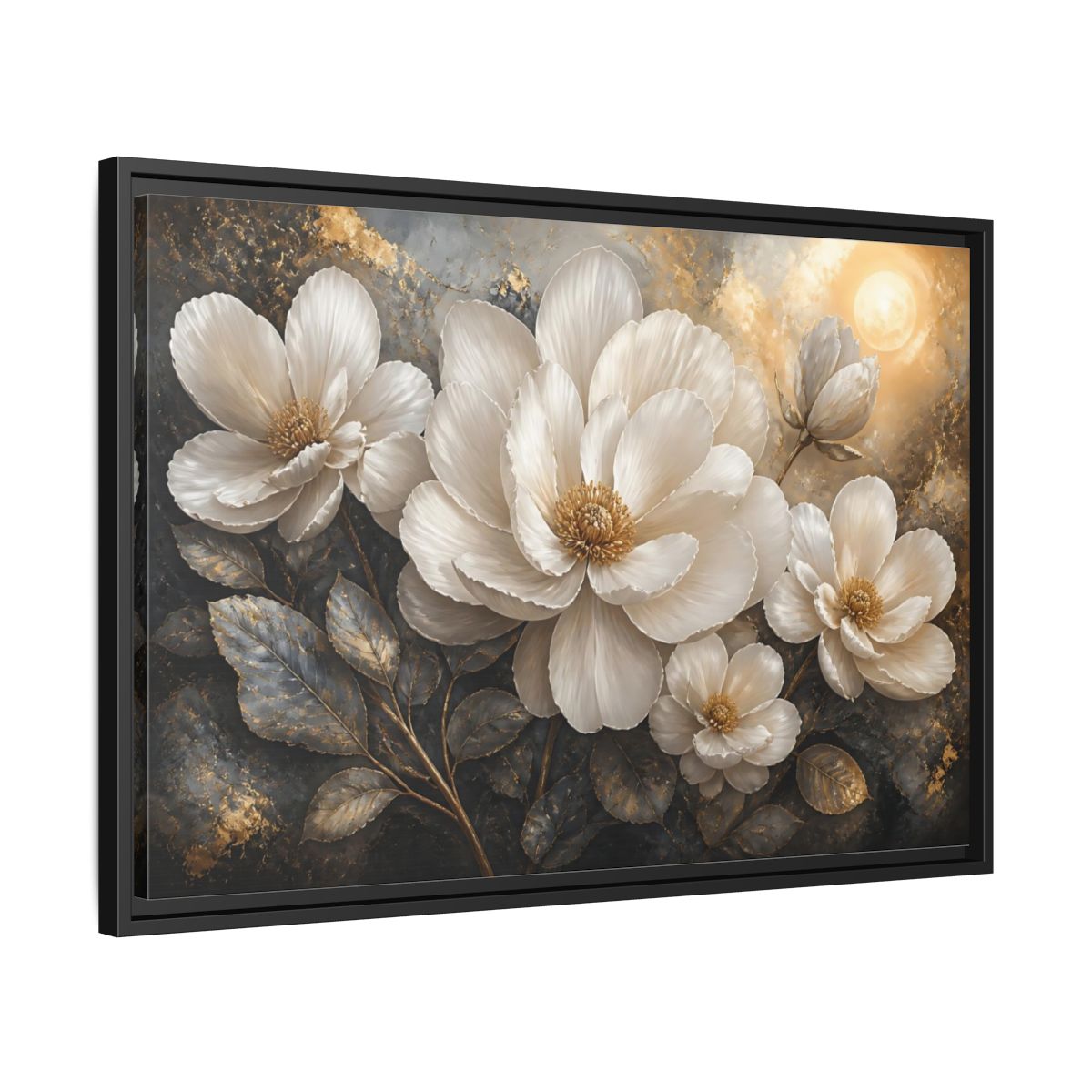Side Mockup 14. Majestic White Blooms shown as framed canvas print
