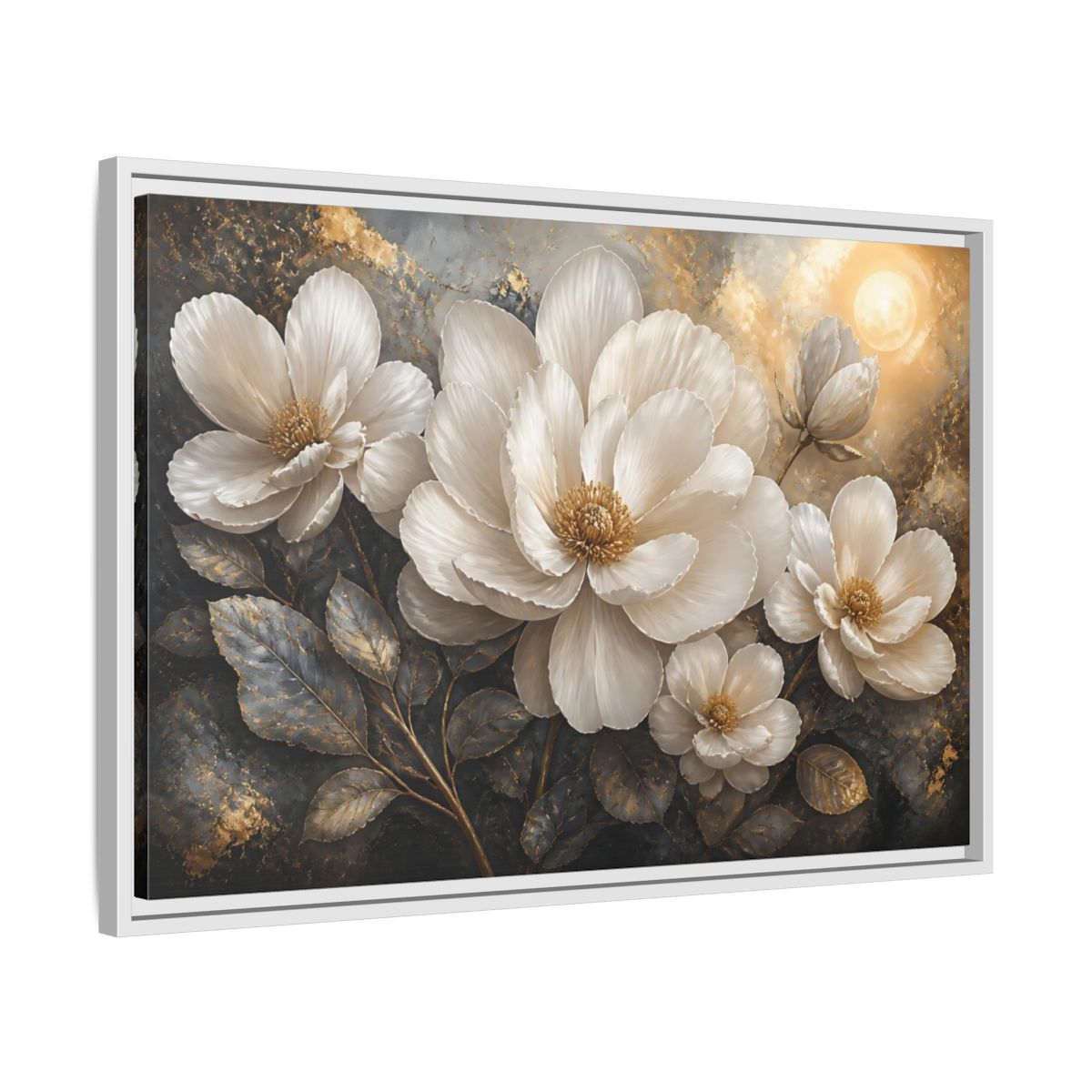 Side Mockup 10. Majestic White Blooms shown as framed canvas print