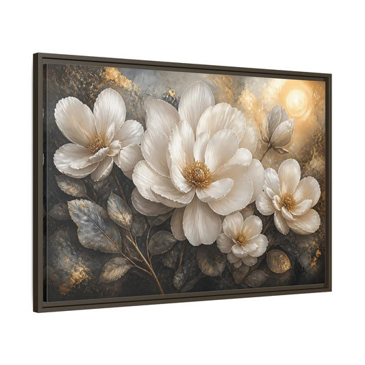 Main Mockup. Majestic White Blooms shown as framed canvas print