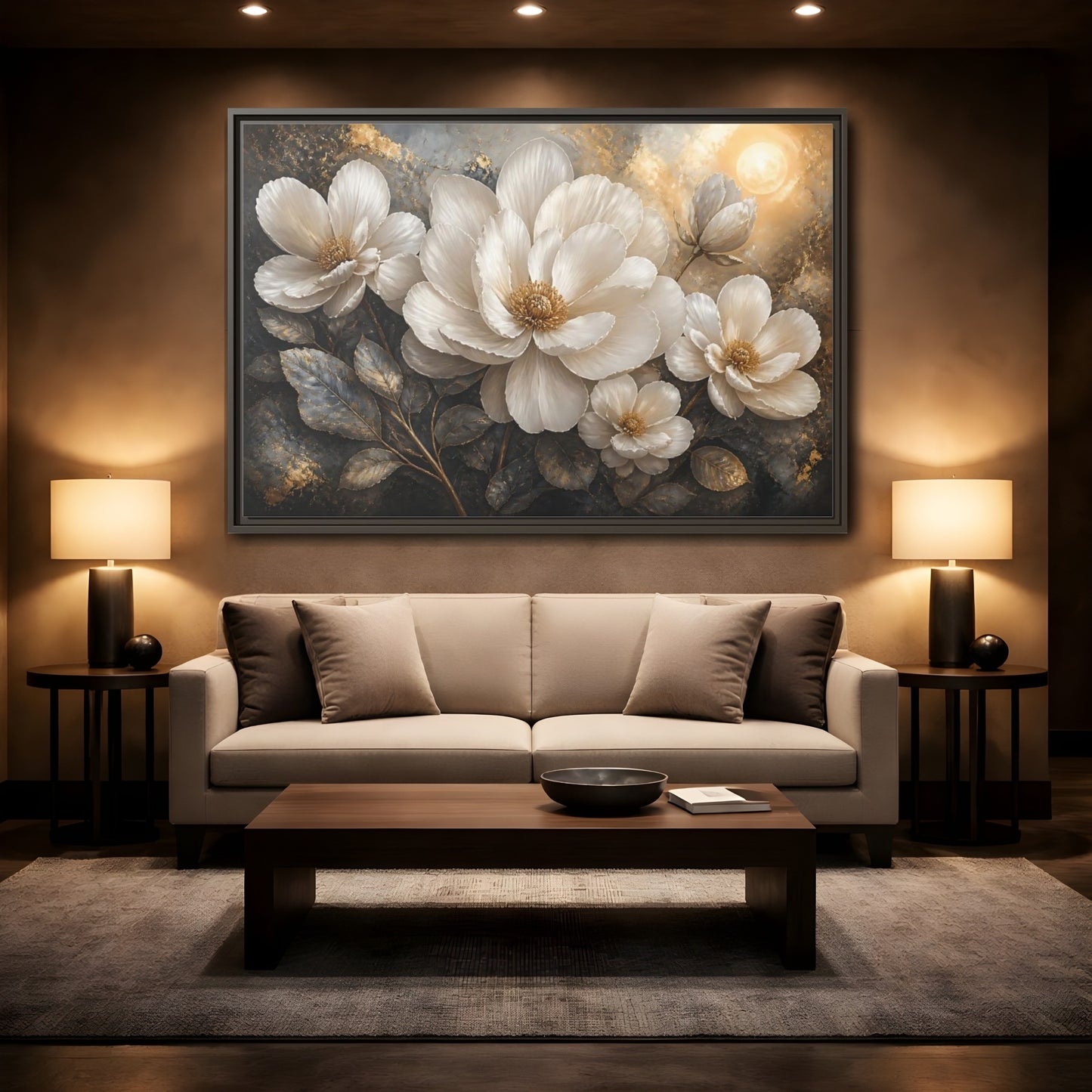 Mockup 2. Majestic White Blooms shown as framed canvas print