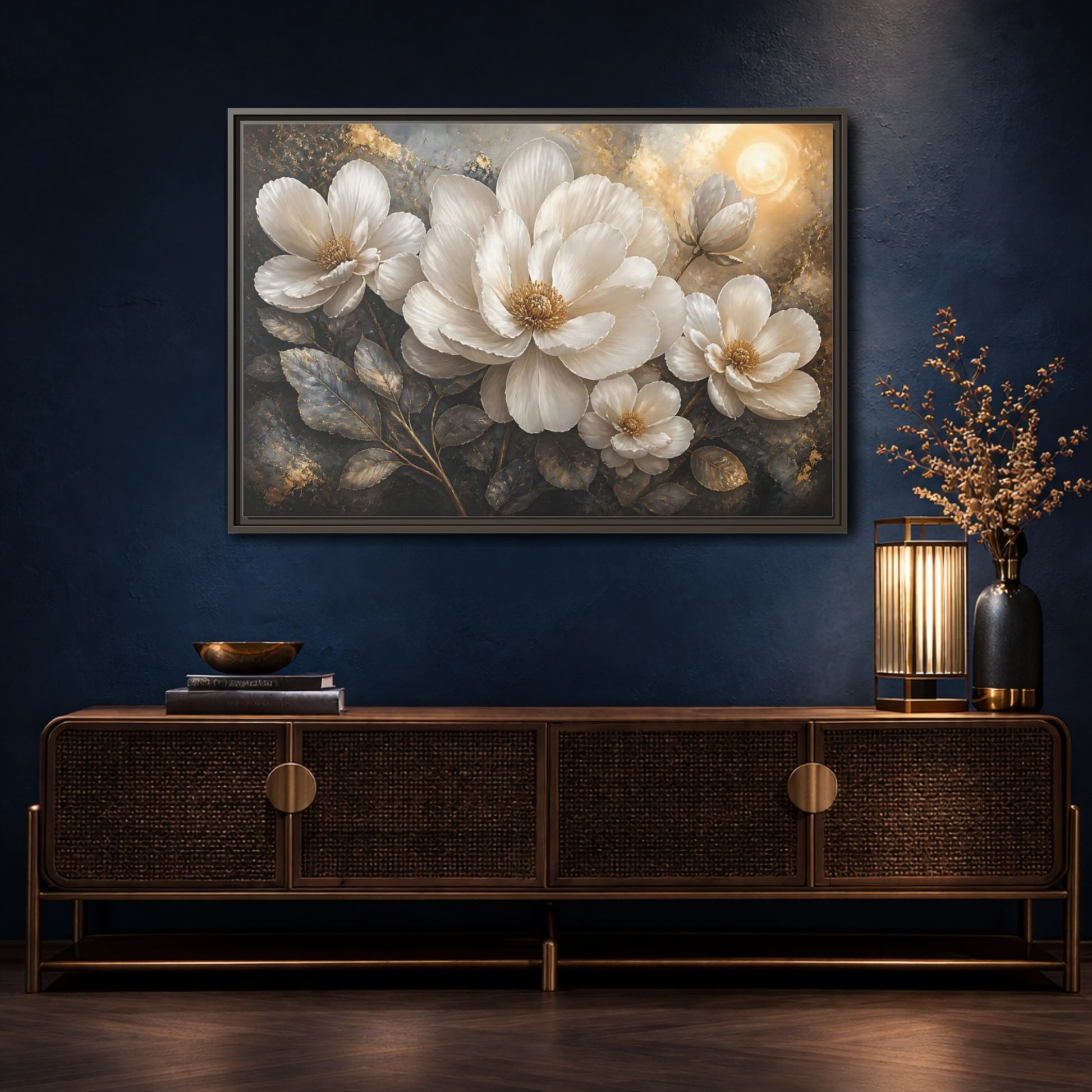 Mockup 4. Majestic White Blooms shown as framed canvas print