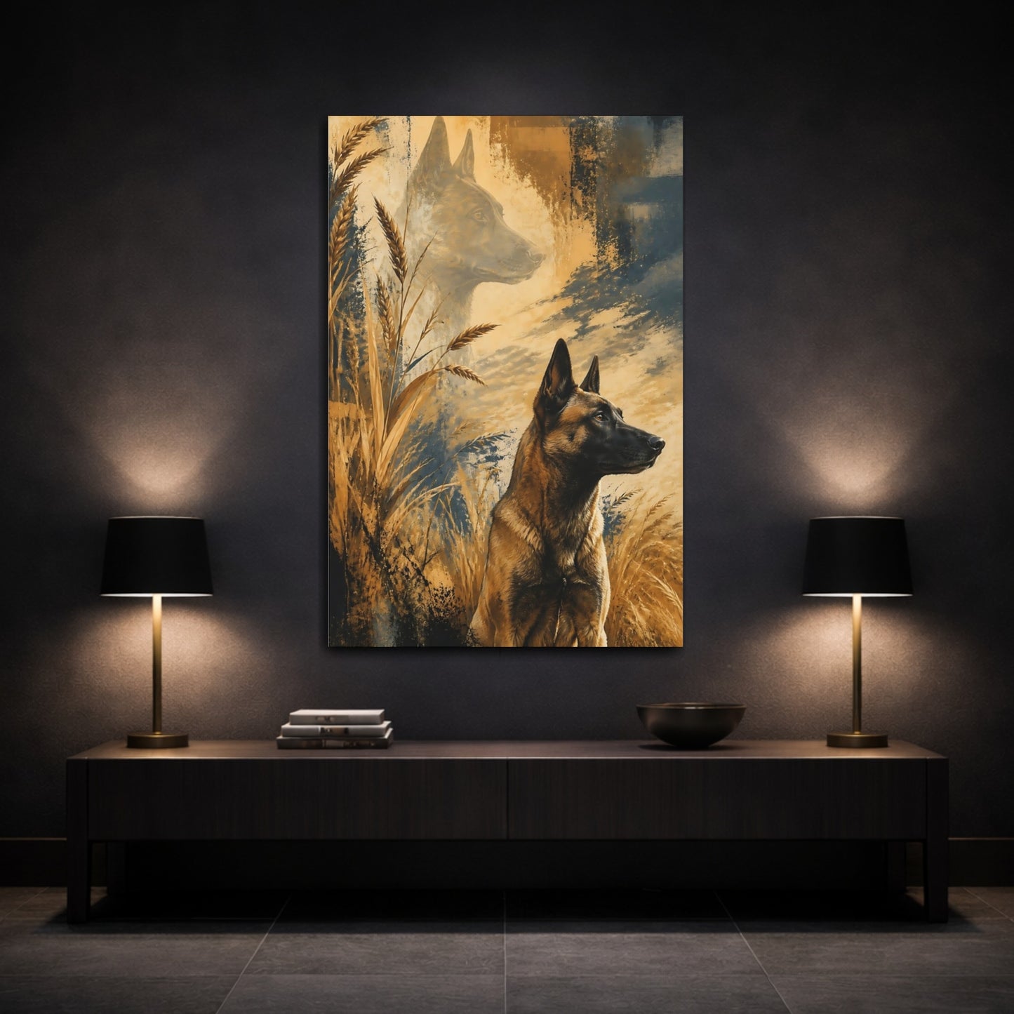 Mockup 3. Malinois Pet Portrait shown as canvas print