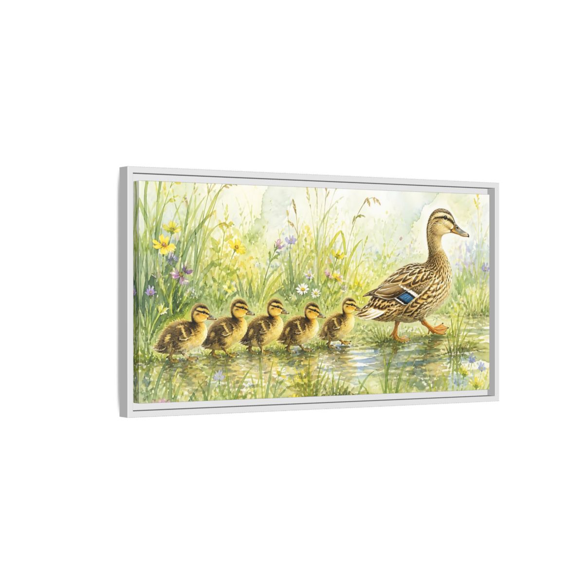 Side Mockup 1. Mama Duck And Ducklings shown as framed canvas print