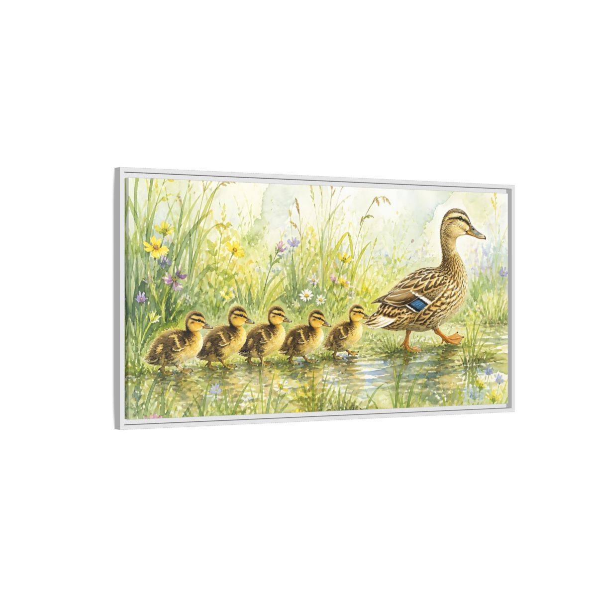 Side Mockup 3. Mama Duck And Ducklings shown as framed canvas print