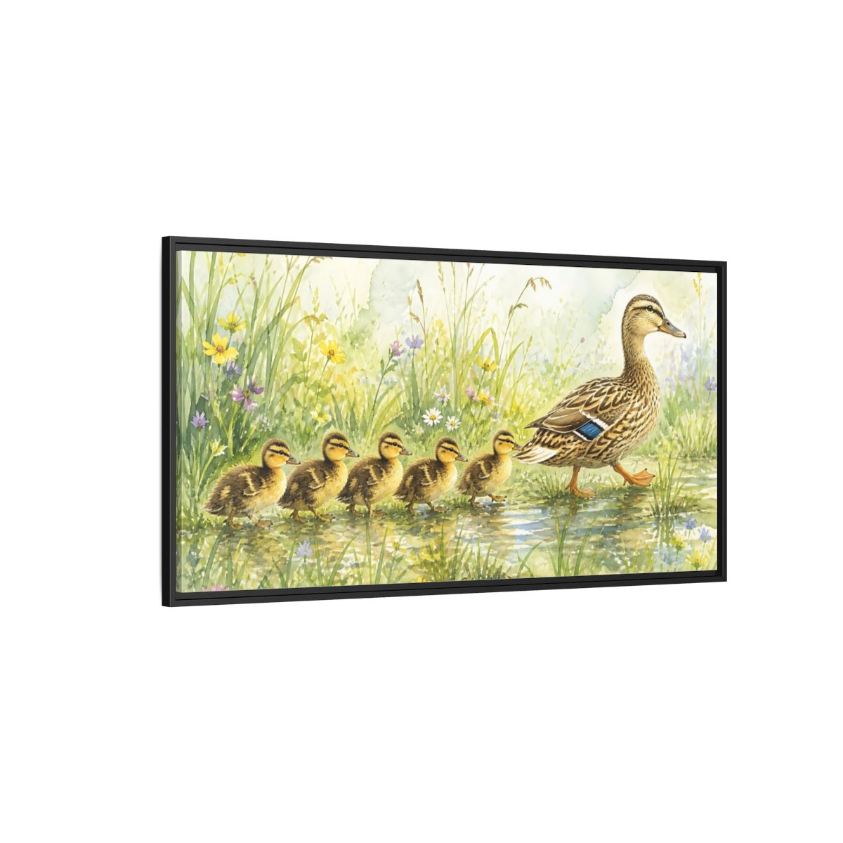 Side Mockup 5. Mama Duck And Ducklings shown as framed canvas print