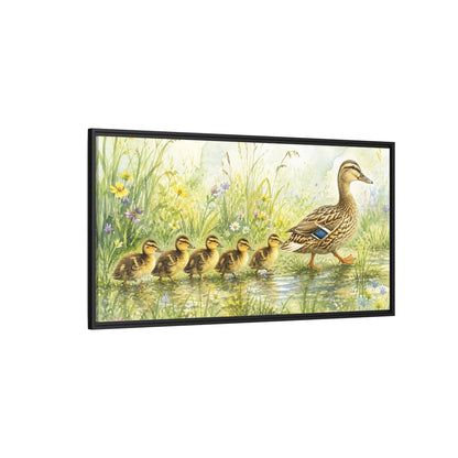 Side Mockup 5. Mama Duck And Ducklings shown as framed canvas print