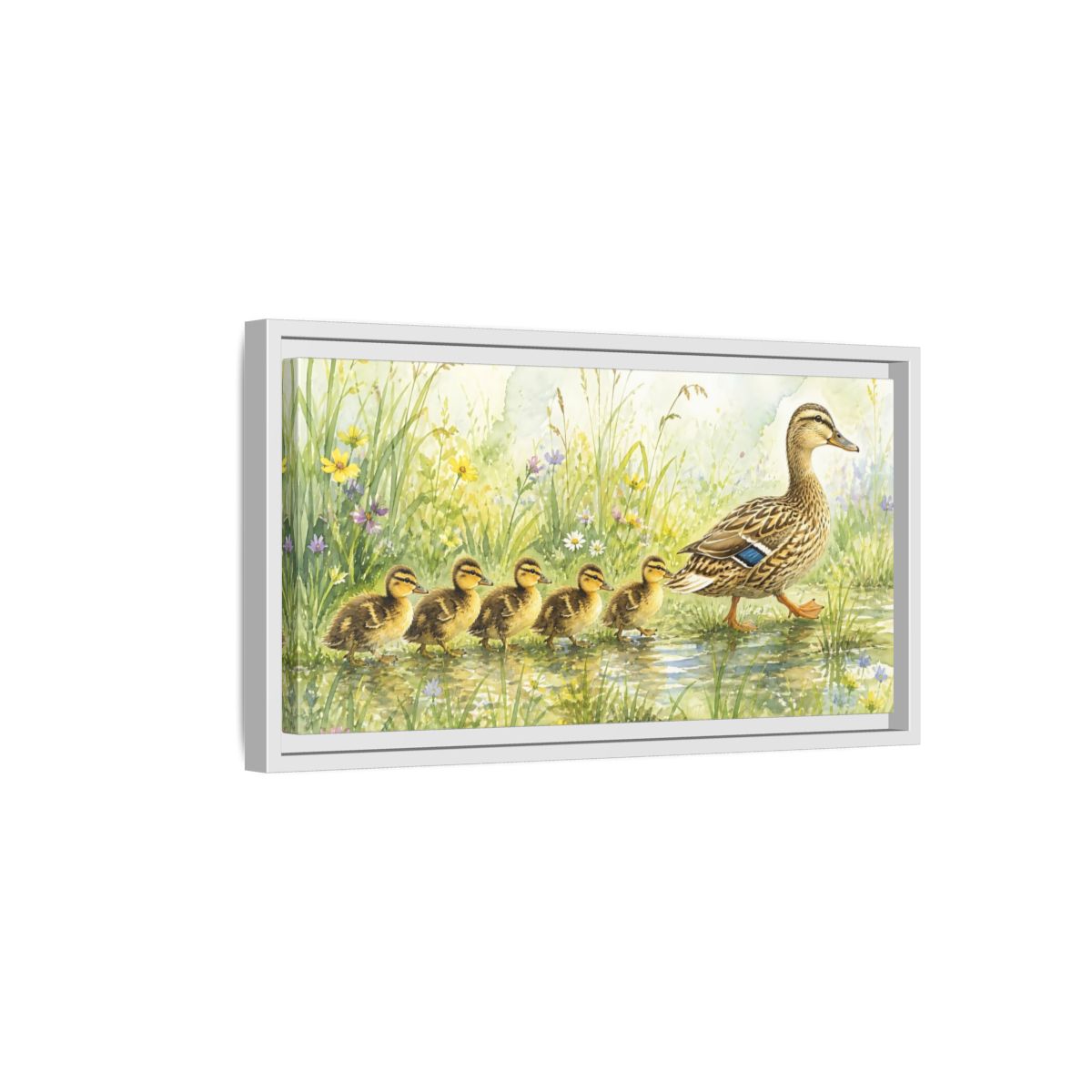 Side Mockup 6. Mama Duck And Ducklings shown as framed canvas print