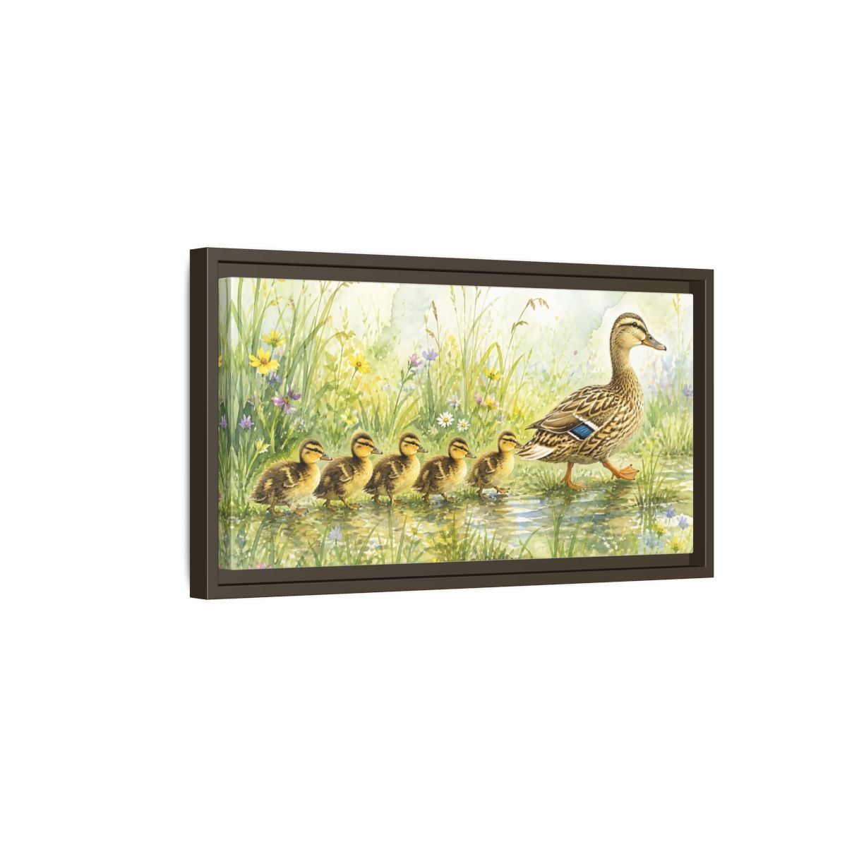 Side Mockup 7. Mama Duck And Ducklings shown as framed canvas print