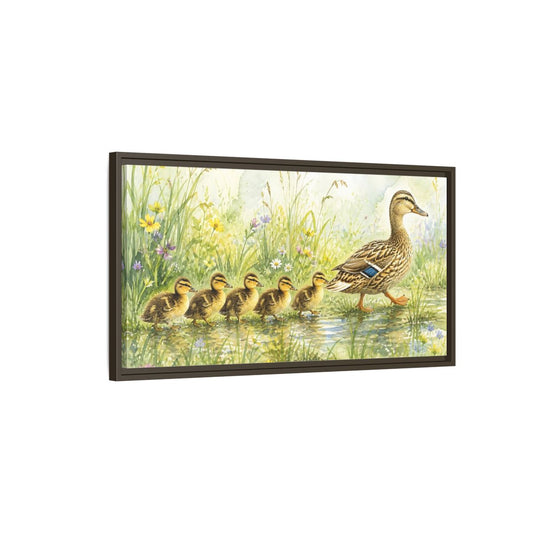 Main Mockup. Mama Duck And Ducklings shown as framed canvas print