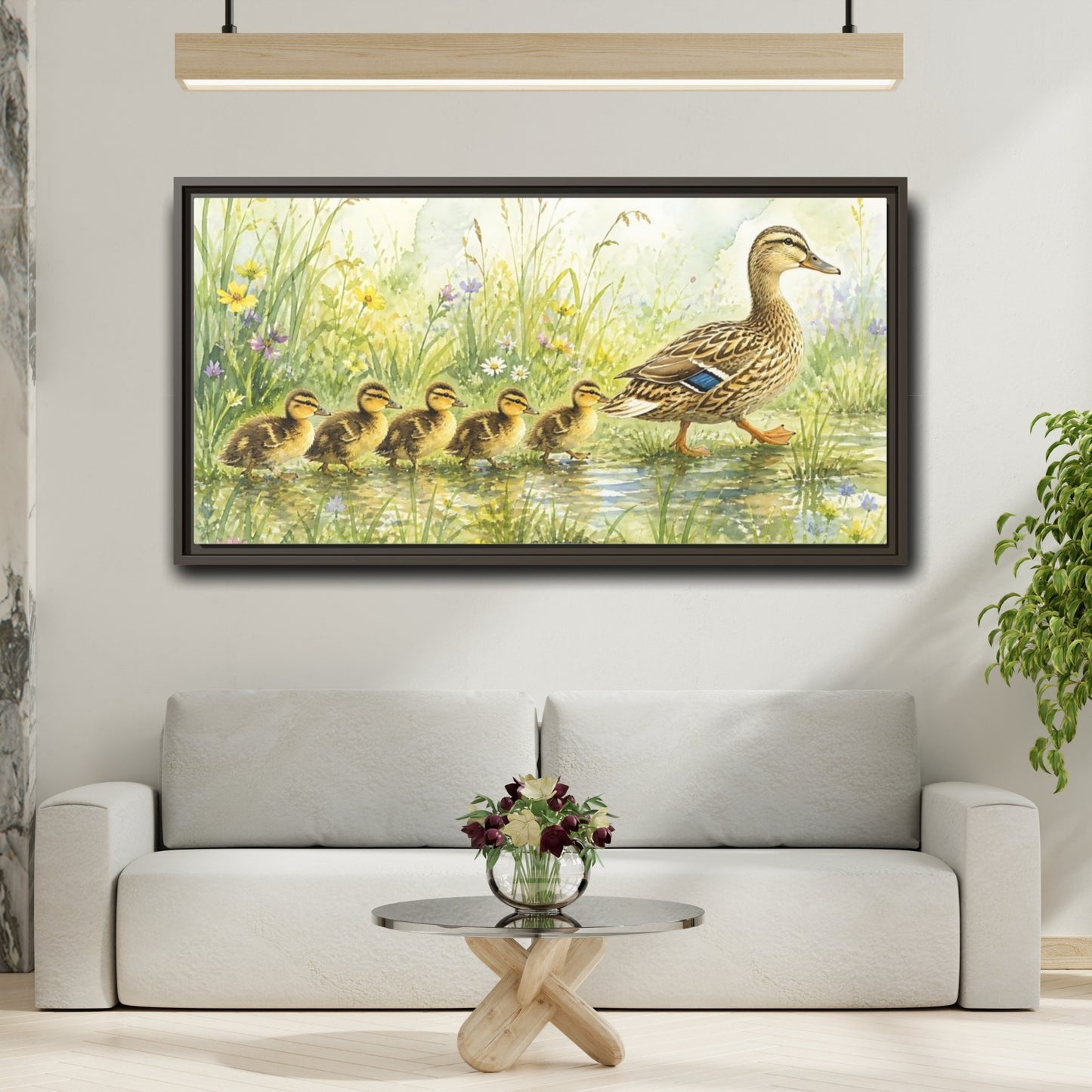 Mockup 2. Mama Duck And Ducklings shown as framed canvas print