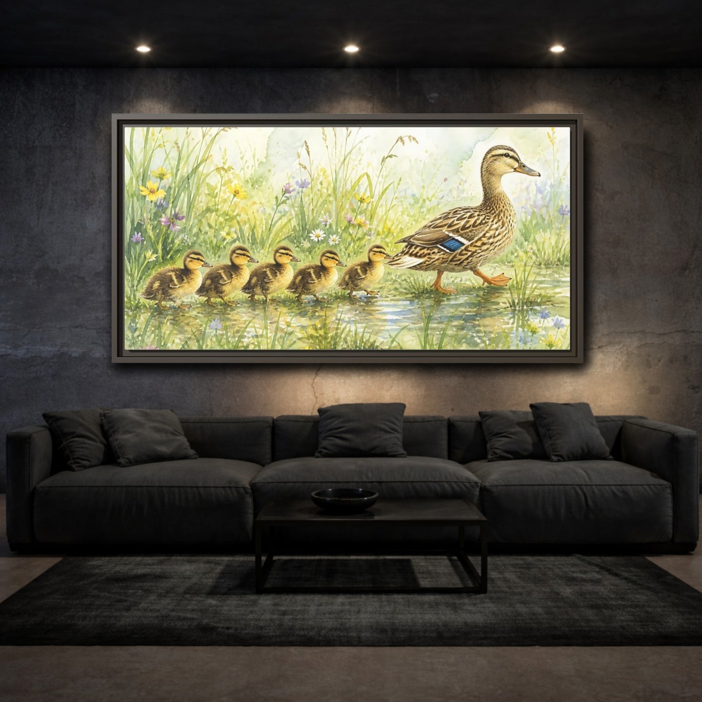 Mockup 3. Mama Duck And Ducklings shown as framed canvas print
