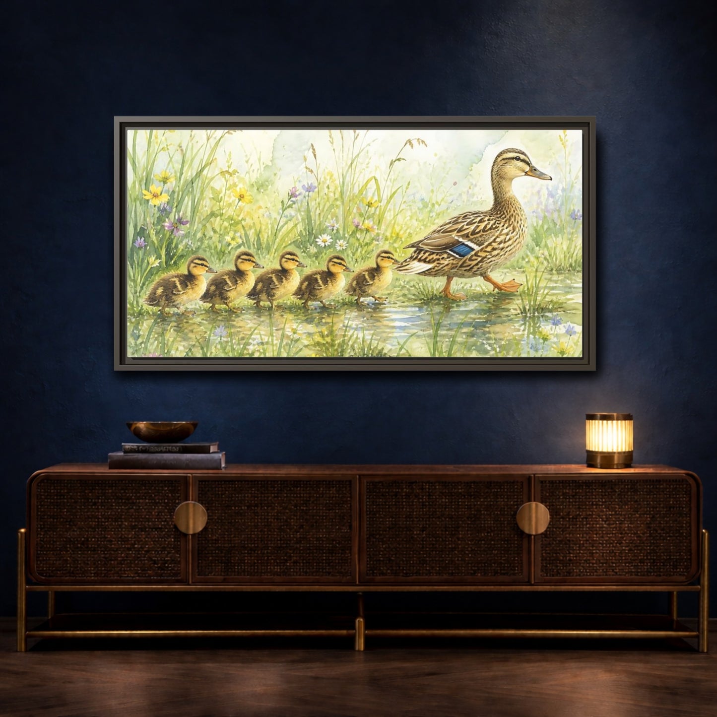 Mockup 4. Mama Duck And Ducklings shown as framed canvas print