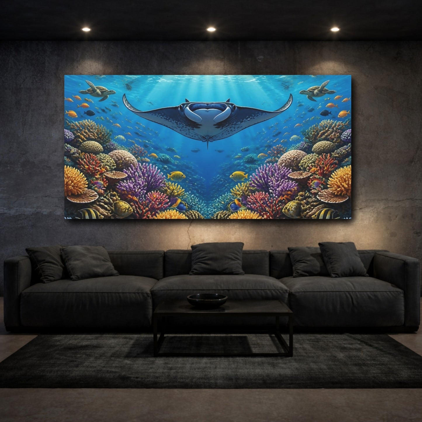 Mockup 3. Manta Ray Reef Animals shown as canvas print