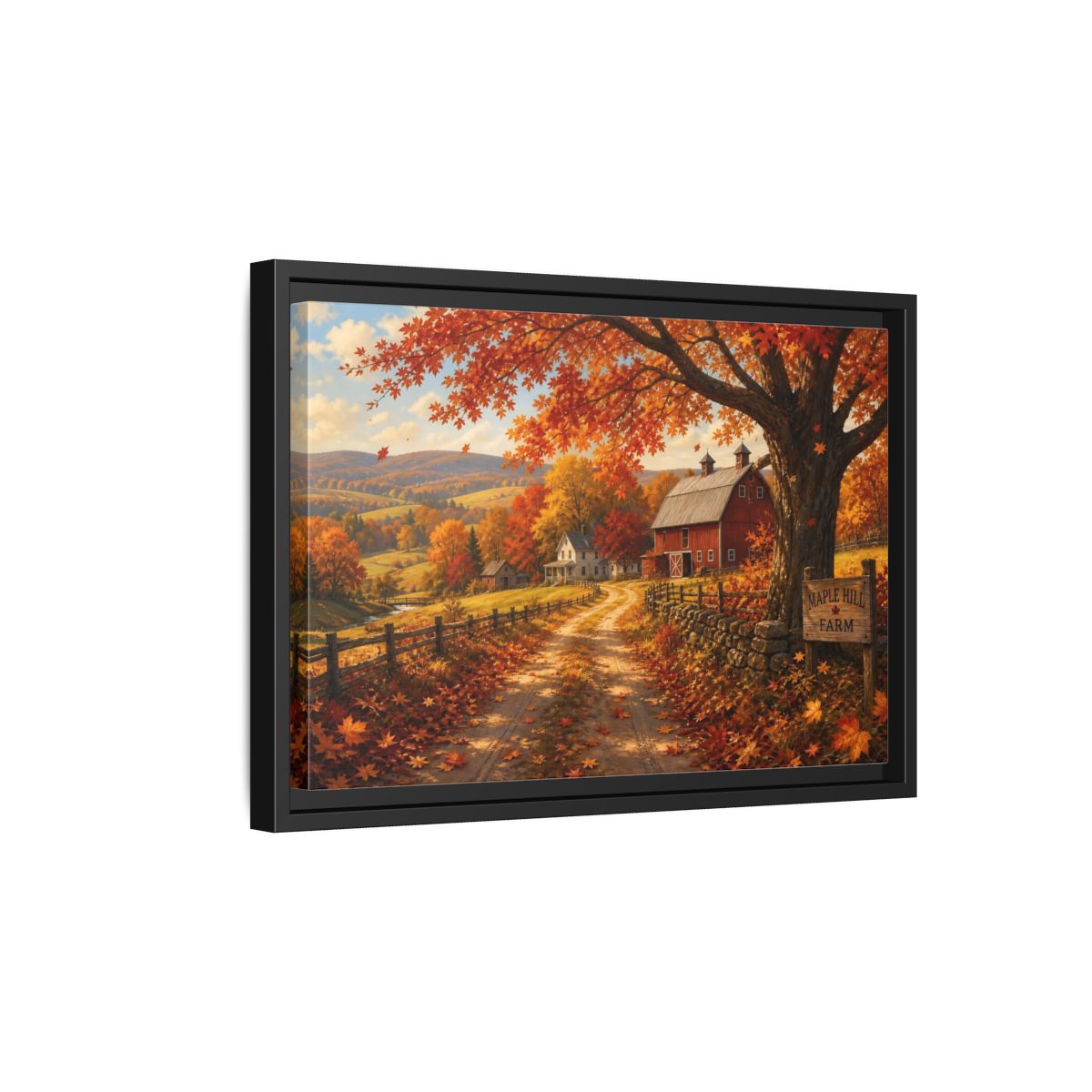 Side Mockup 6. Maple Hill Farm In Autumn shown as framed canvas print