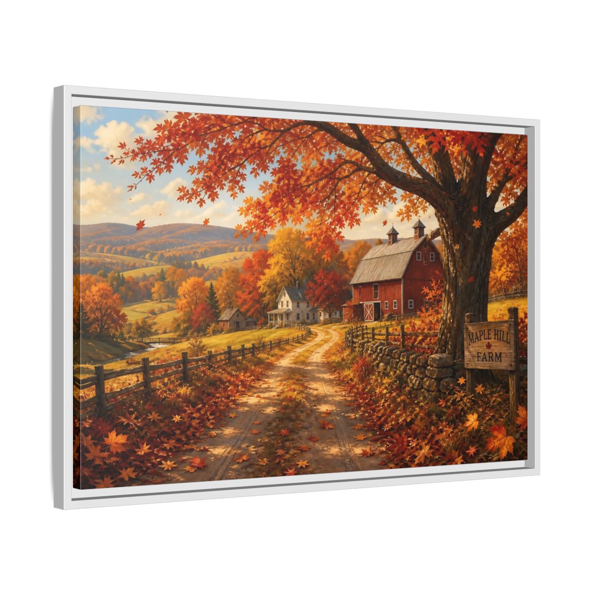 Side Mockup 10. Maple Hill Farm In Autumn shown as framed canvas print