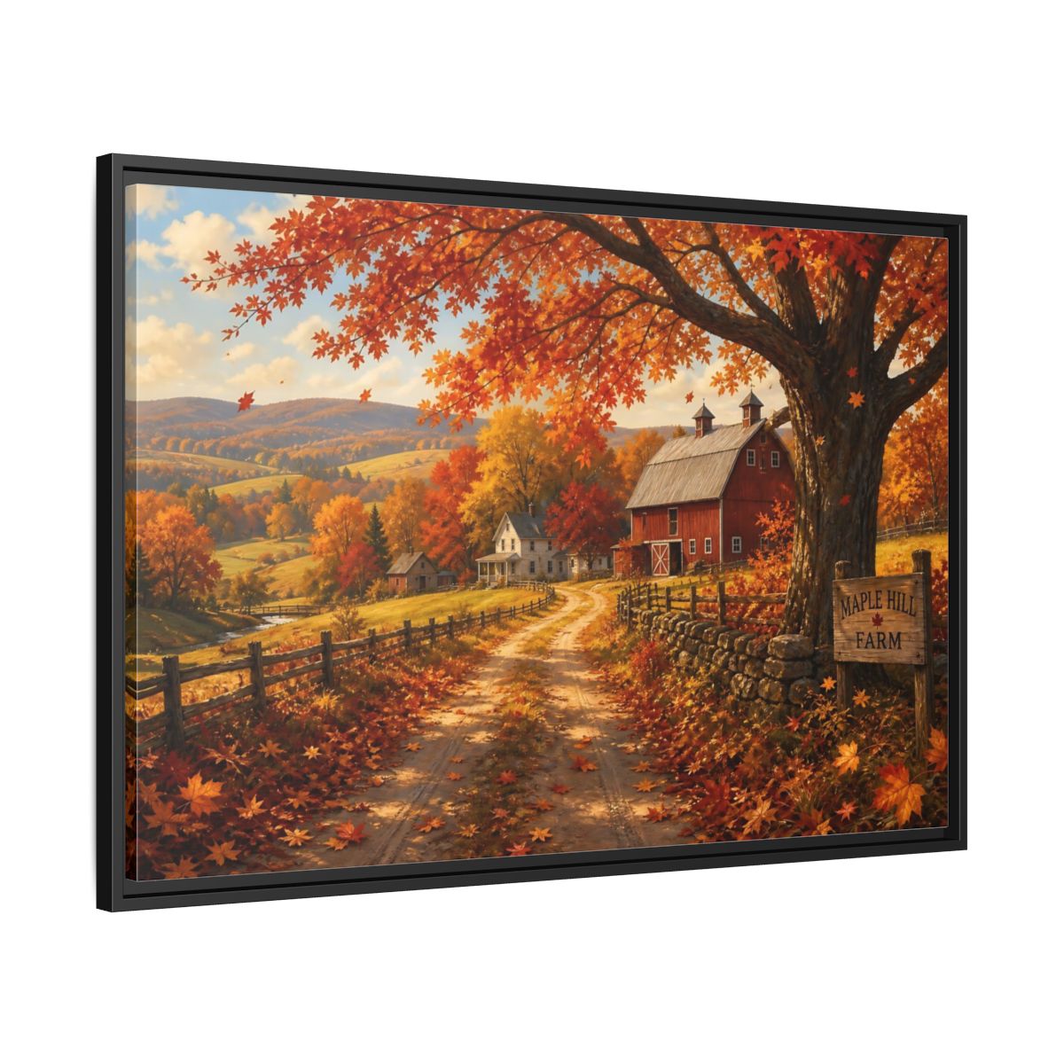 Side Mockup 13. Maple Hill Farm In Autumn shown as framed canvas print