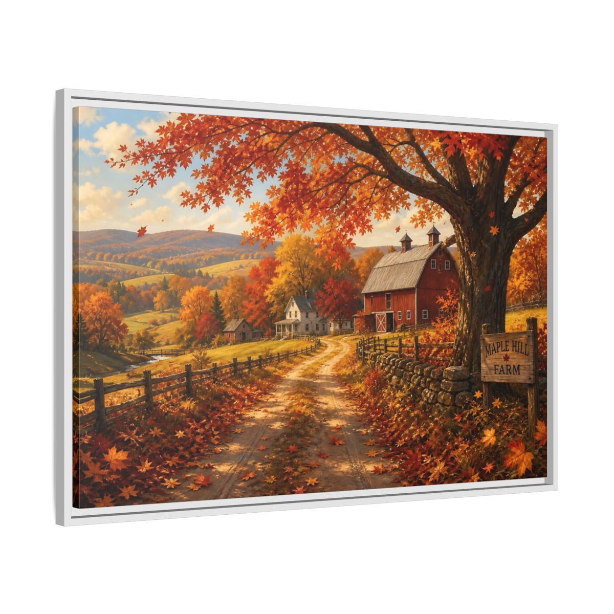 Side Mockup 9. Maple Hill Farm In Autumn shown as framed canvas print