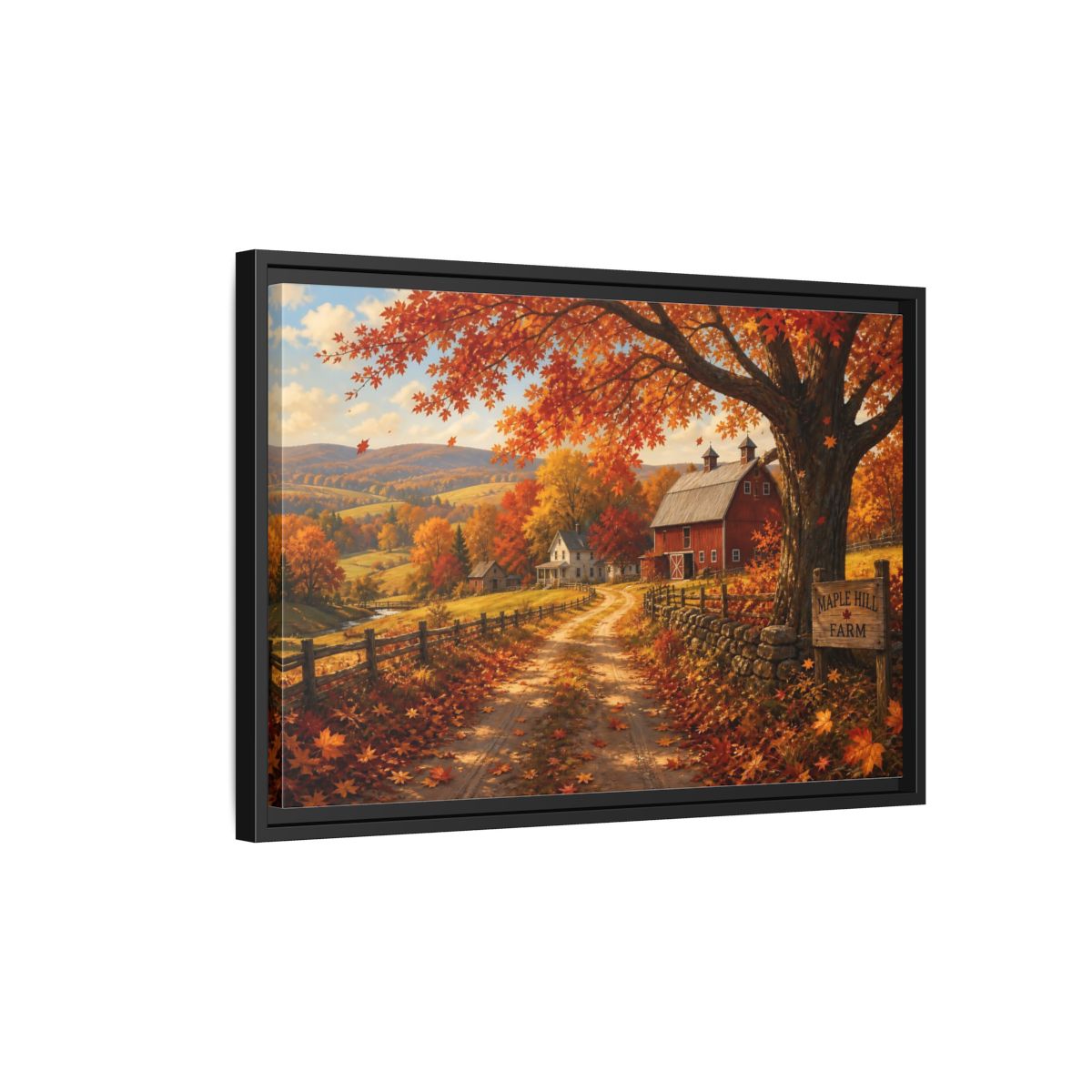 Side Mockup 3. Maple Hill Farm In Autumn shown as framed canvas print