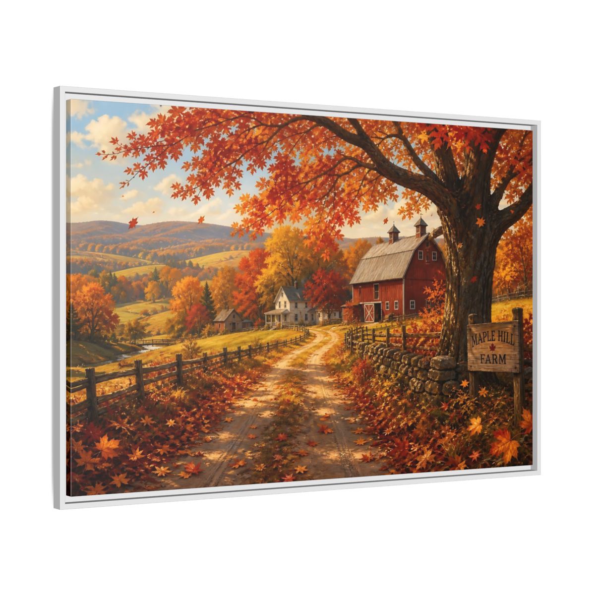 Side Mockup 7. Maple Hill Farm In Autumn shown as framed canvas print