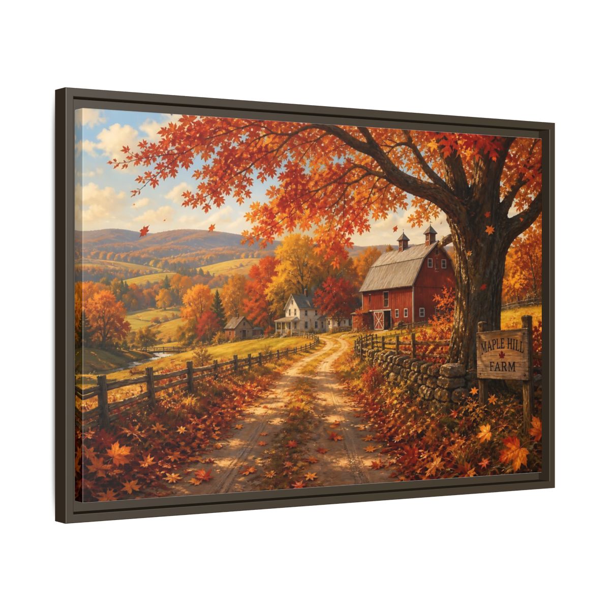 Side Mockup 11. Maple Hill Farm In Autumn shown as framed canvas print