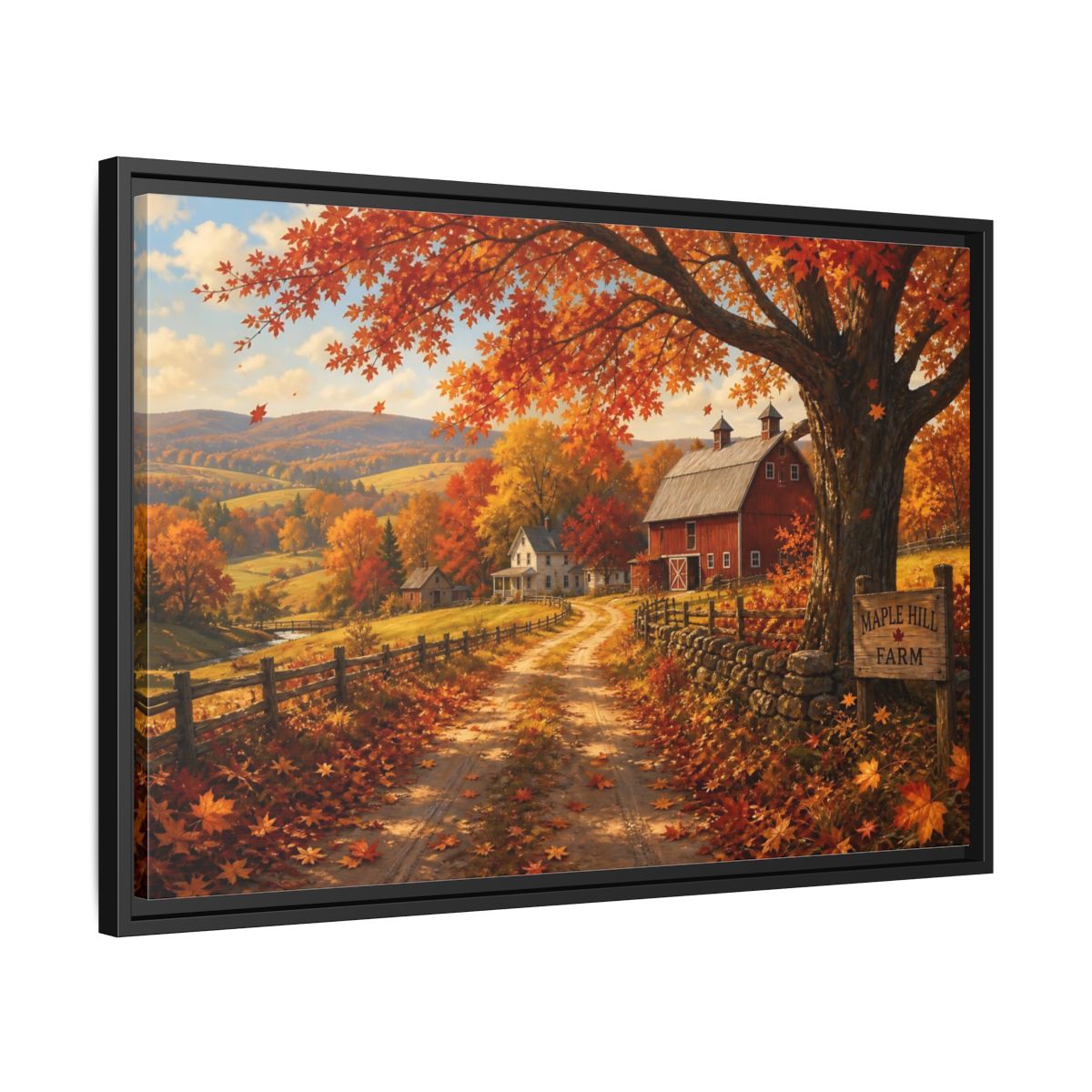 Side Mockup 14. Maple Hill Farm In Autumn shown as framed canvas print