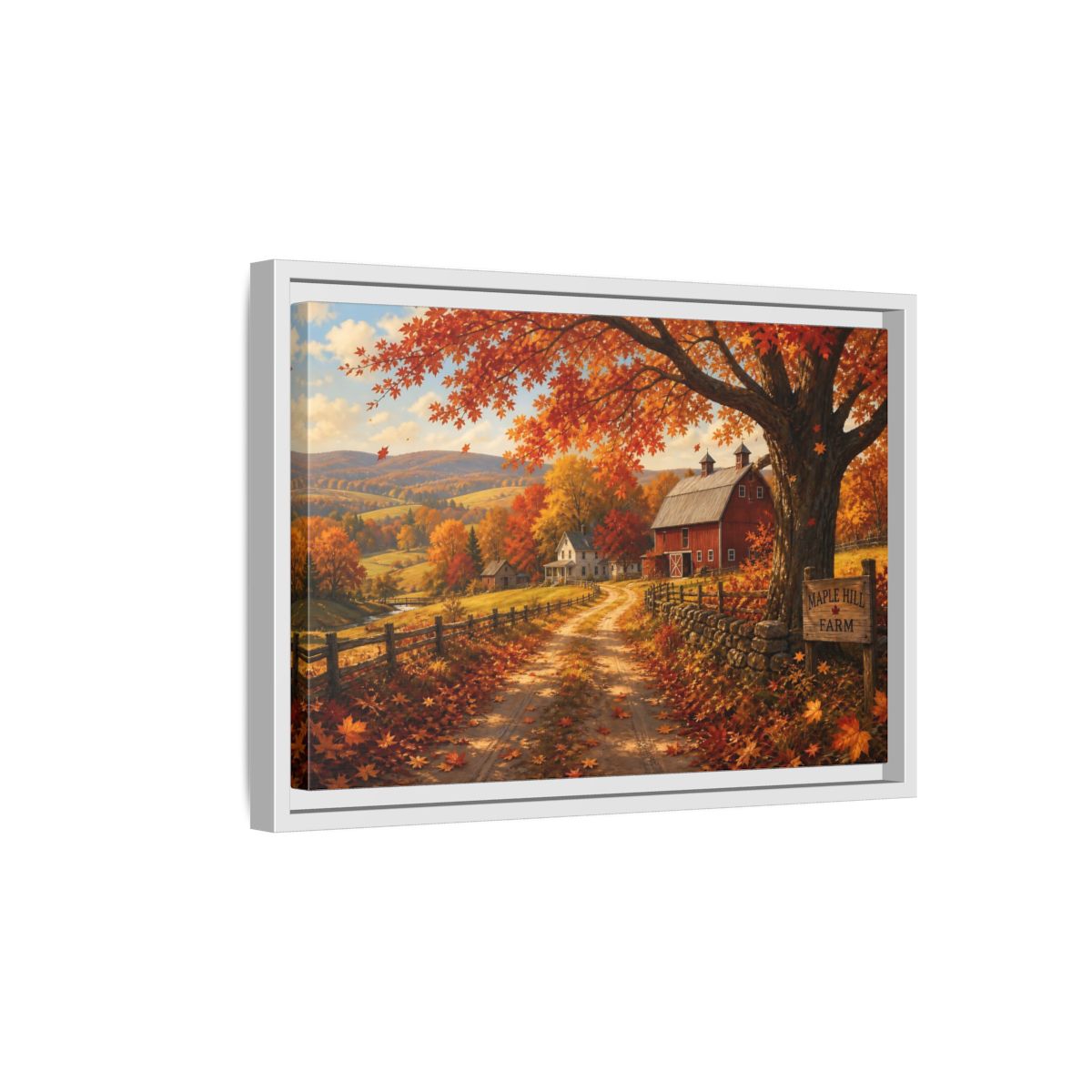 Side Mockup 4. Maple Hill Farm In Autumn shown as framed canvas print