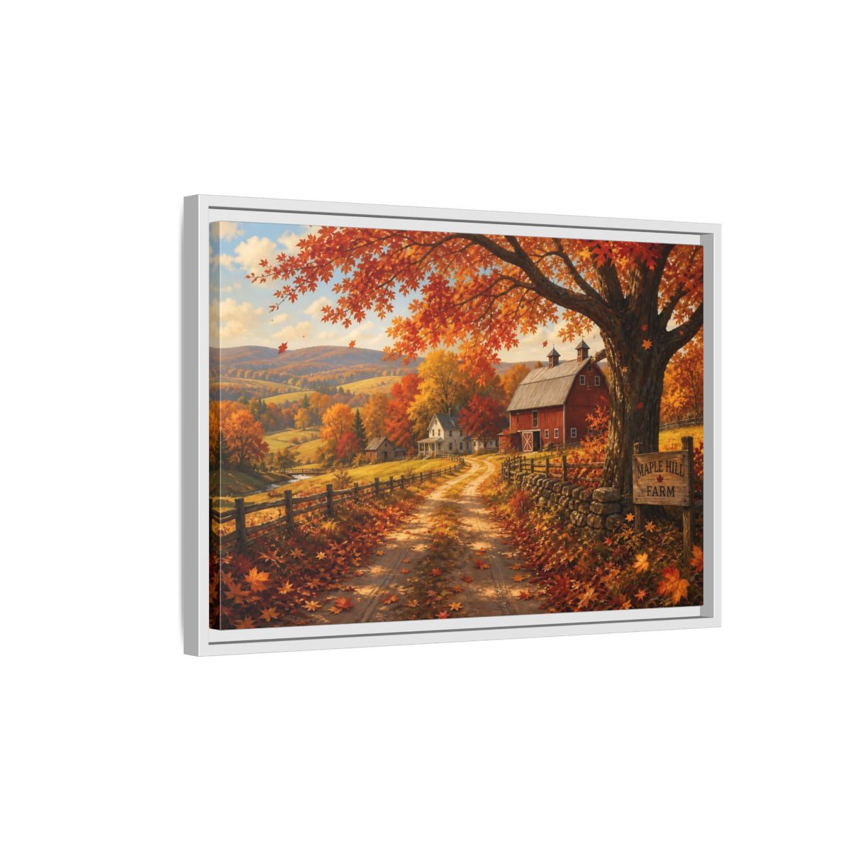 Side Mockup 1. Maple Hill Farm In Autumn shown as framed canvas print