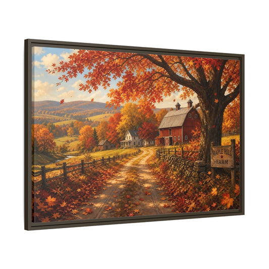 Main Mockup. Maple Hill Farm In Autumn shown as framed canvas print