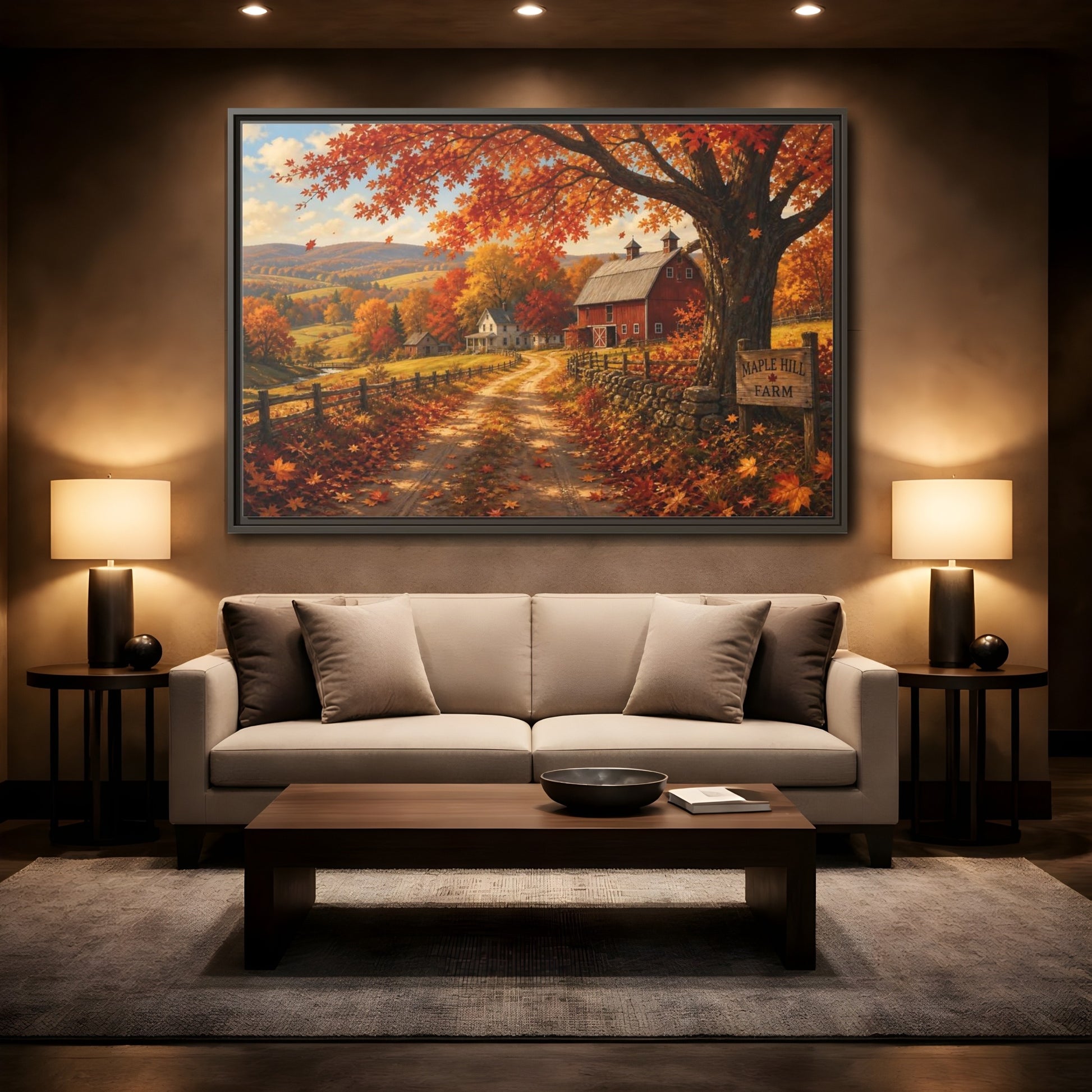 Mockup 2. Maple Hill Farm In Autumn shown as framed canvas print
