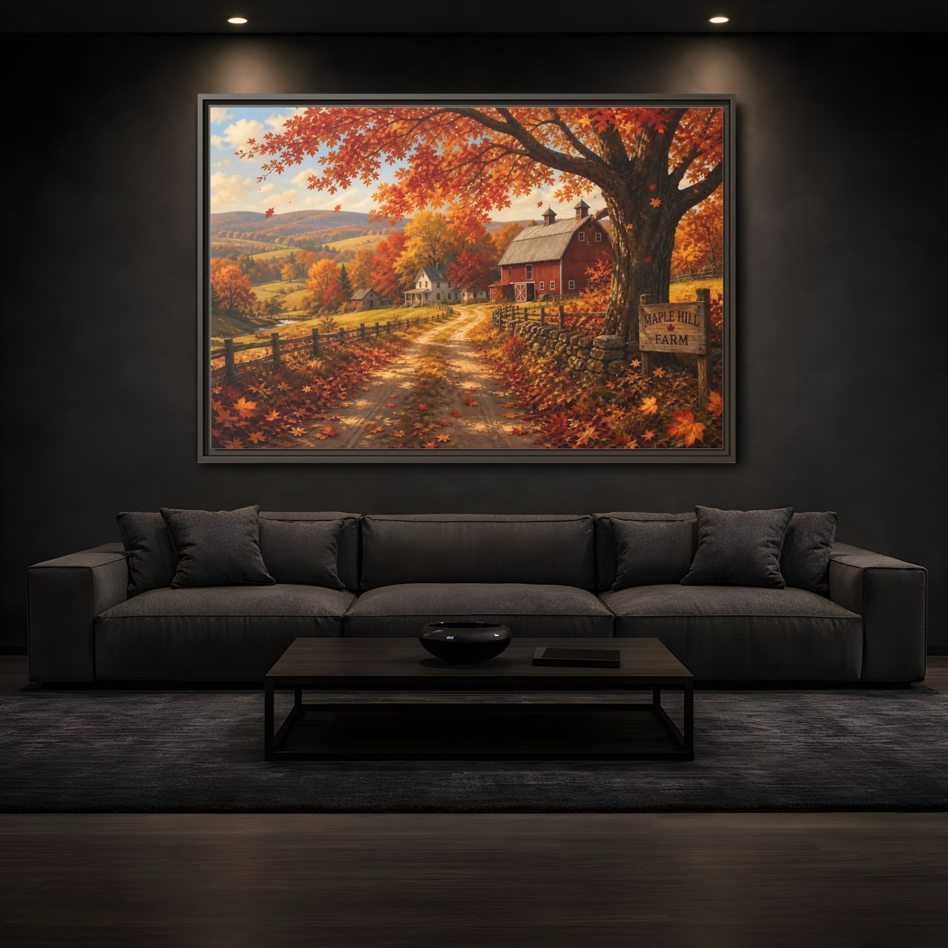 Mockup 3. Maple Hill Farm In Autumn shown as framed canvas print