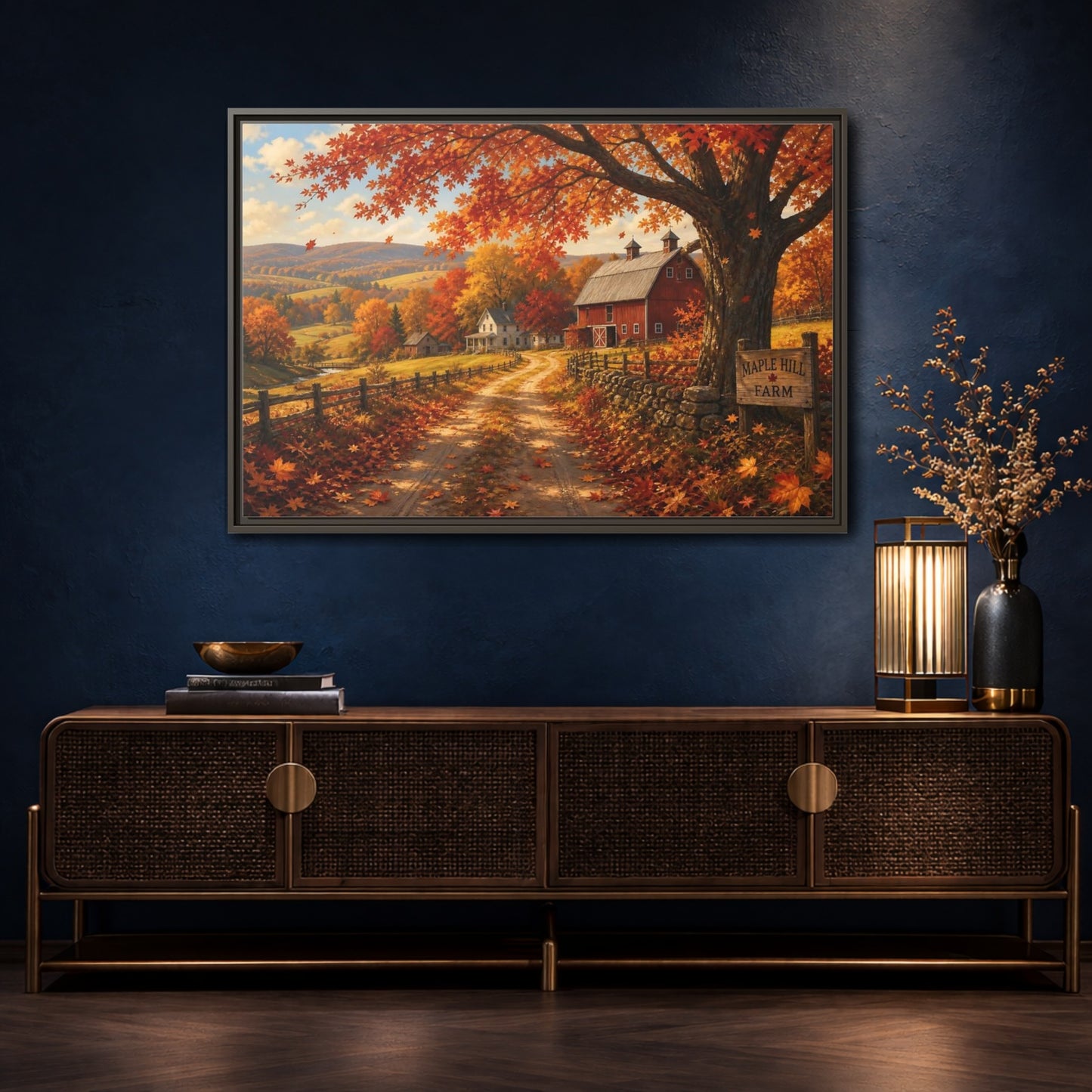 Mockup 4. Maple Hill Farm In Autumn shown as framed canvas print