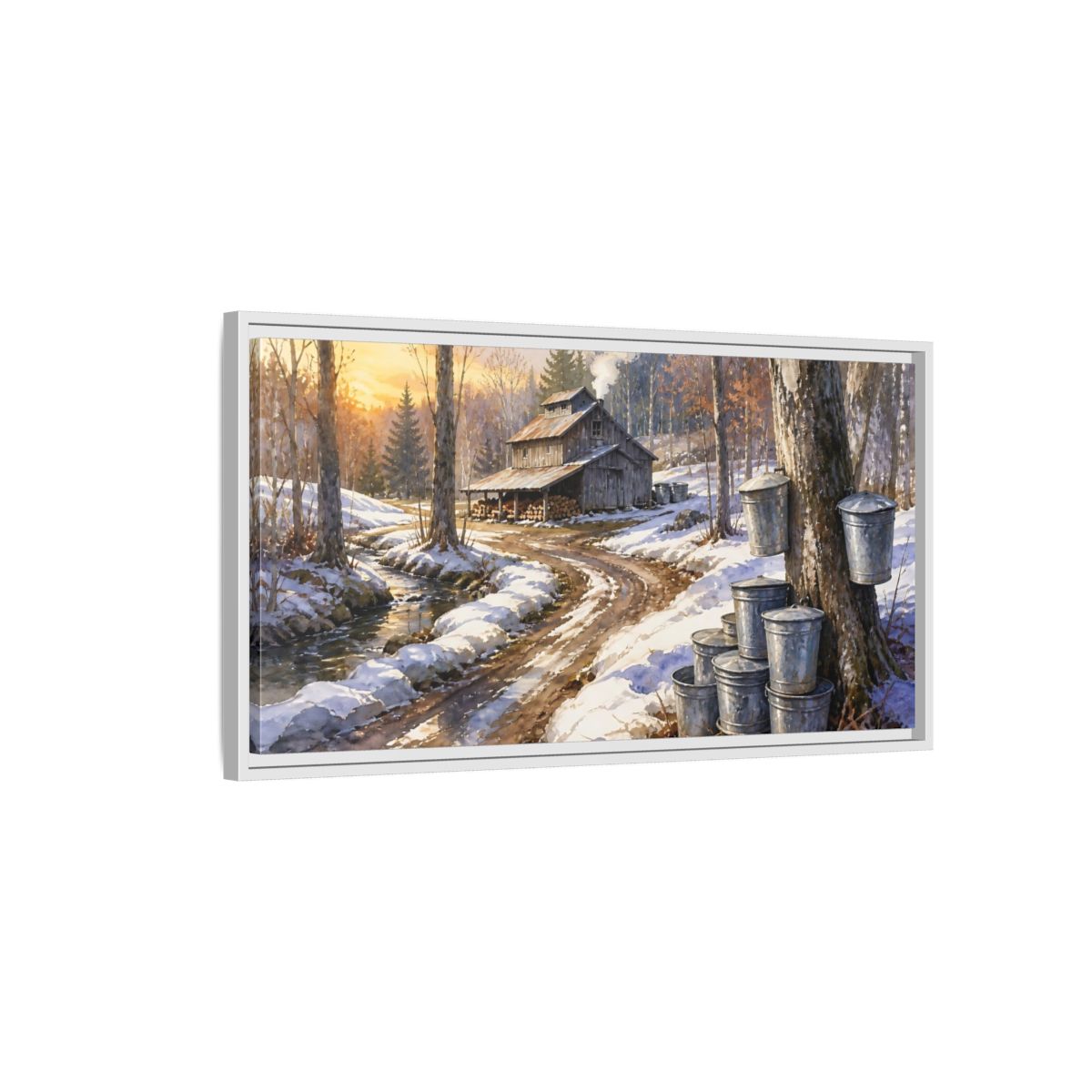 Side Mockup 1. Maple Sugar Shack Sunrise shown as framed canvas print