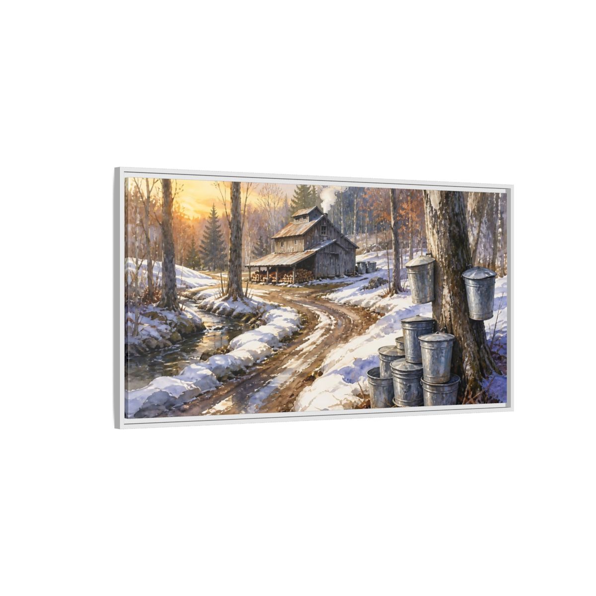 Side Mockup 3. Maple Sugar Shack Sunrise shown as framed canvas print