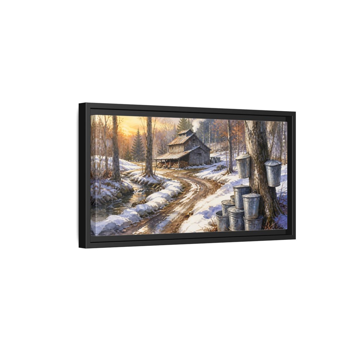 Side Mockup 8. Maple Sugar Shack Sunrise shown as framed canvas print