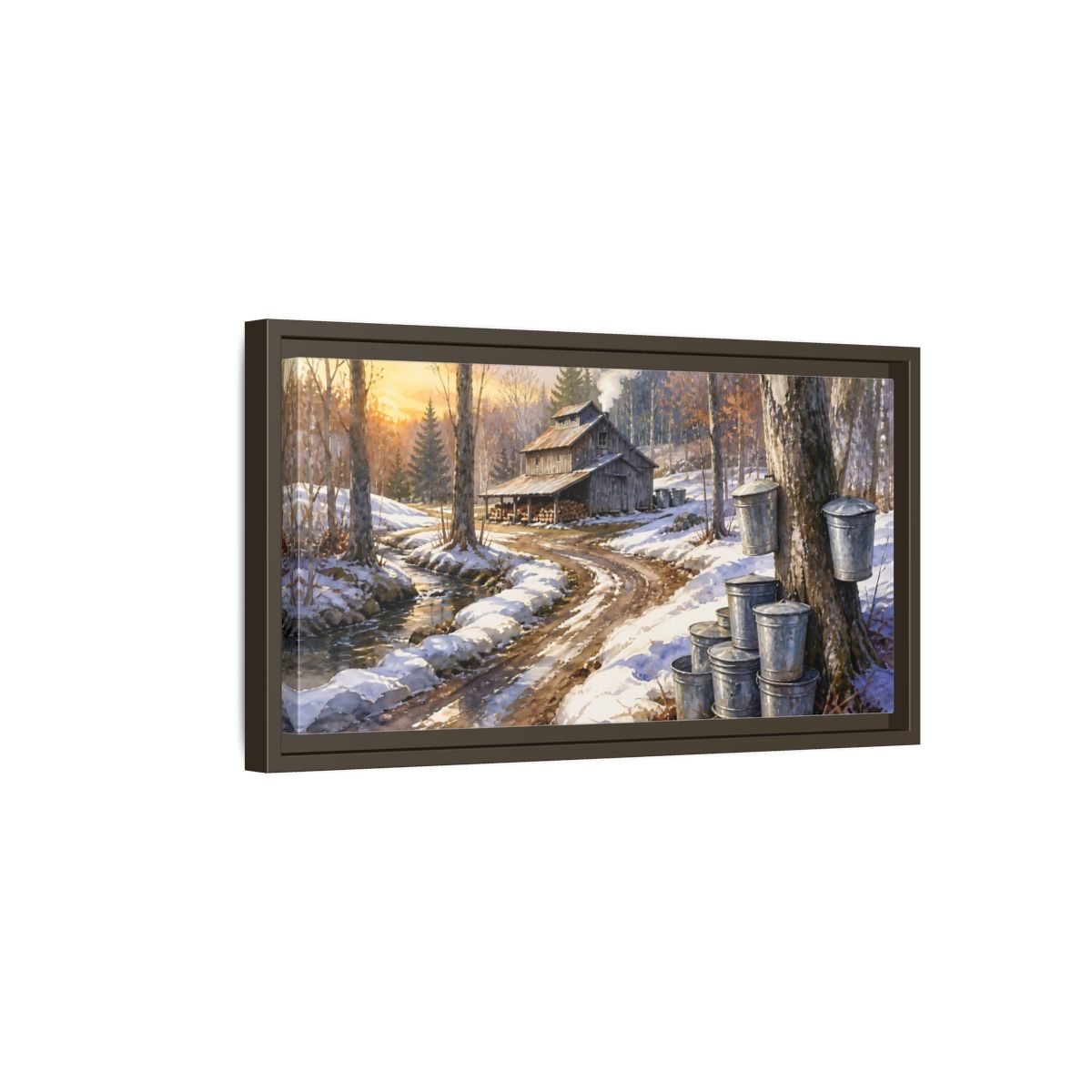 Side Mockup 7. Maple Sugar Shack Sunrise shown as framed canvas print